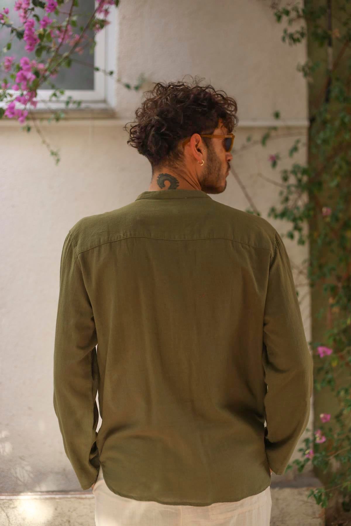 Khaki Judge Collar Button Detailed Men's Shirt