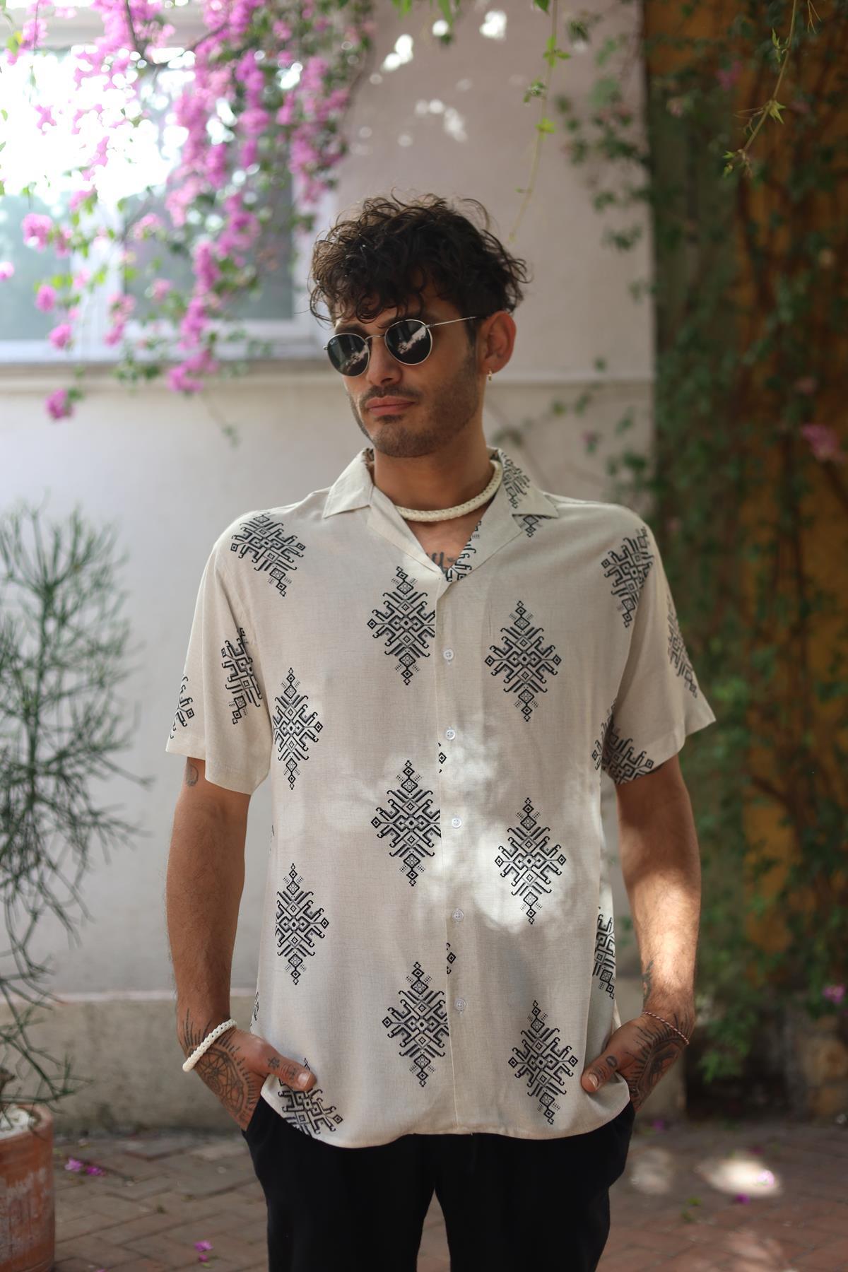 Stone Color Patterned Short Sleeve Men's Shirt