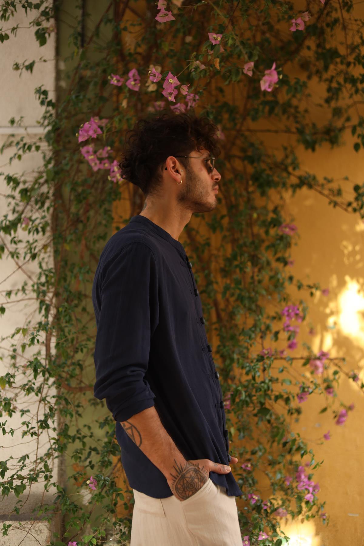 Navy Blue Mandarin Collar Button Detailed Men's Shirt