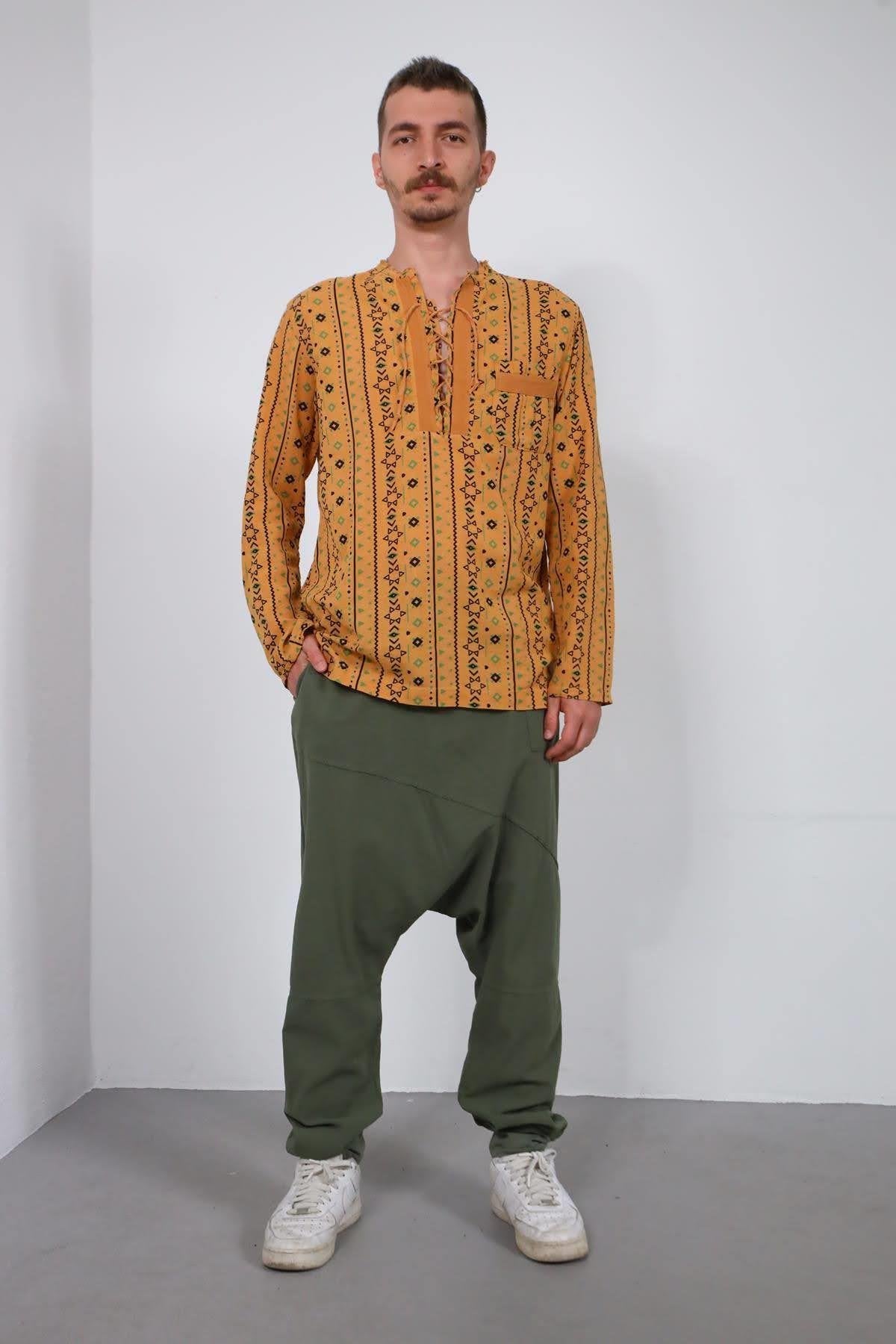 Mustard Color Lace-Up Printed Men's Shirt