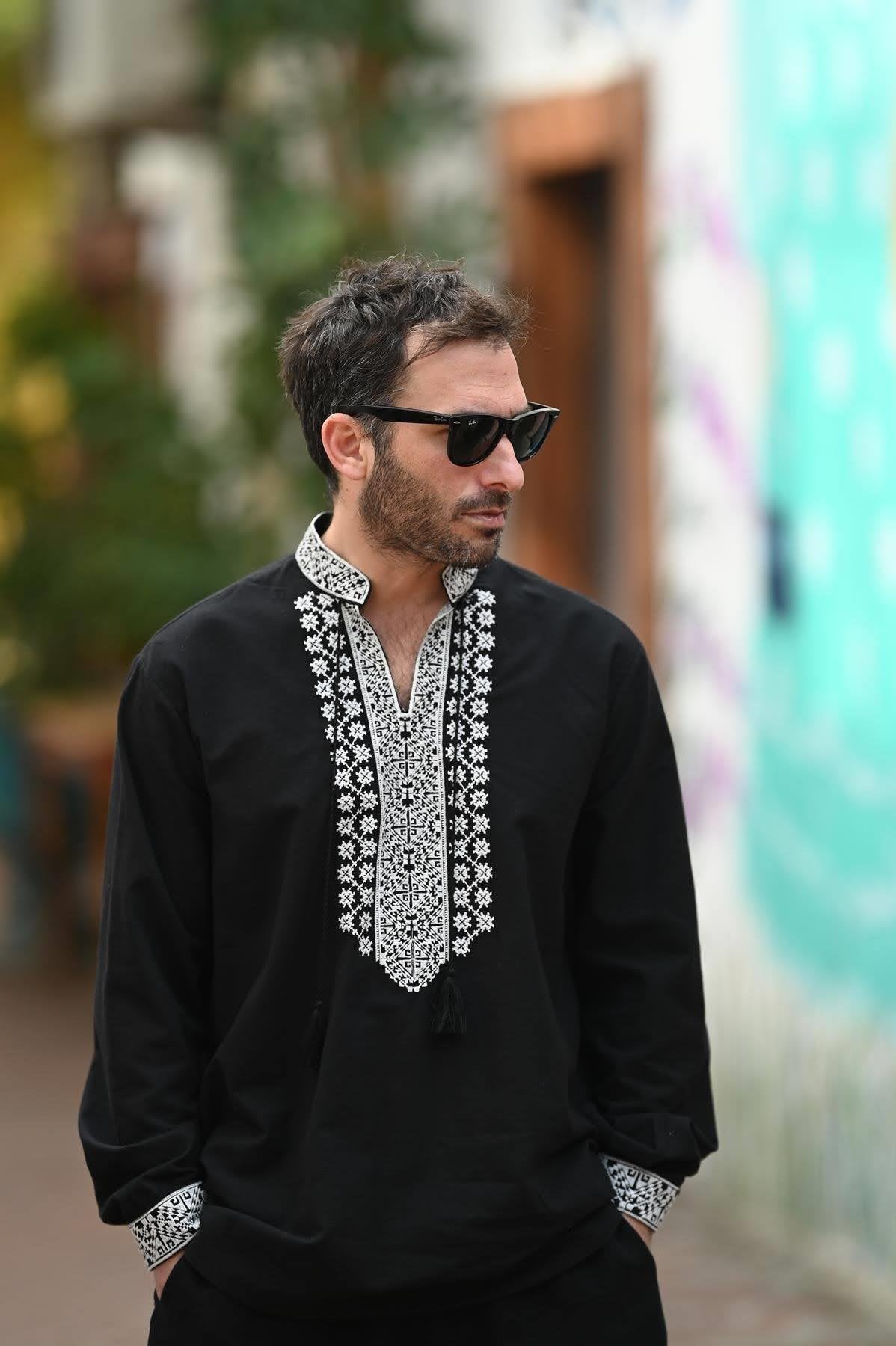 Black Authentic Men's Shirt with Embroidered Collar and Cuffs