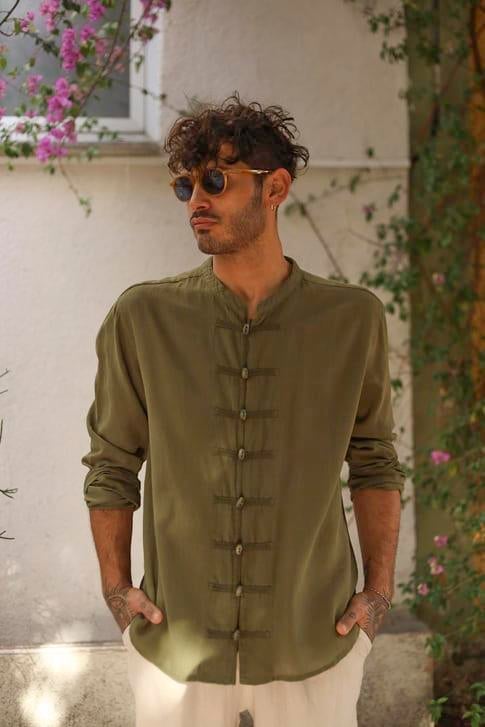 Khaki Judge Collar Button Detailed Men's Shirt