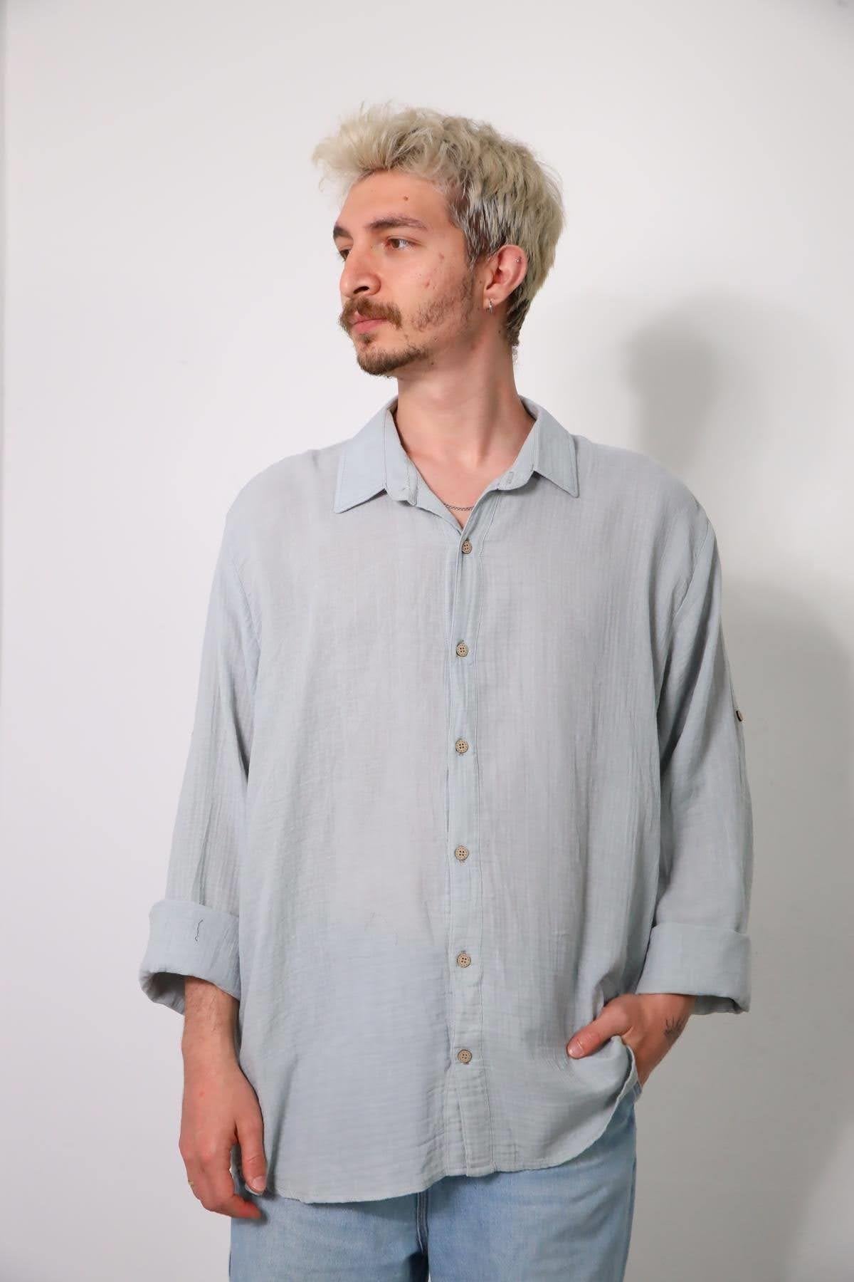 Gray Men's Muslin Shirt with Epauletted Sleeves
