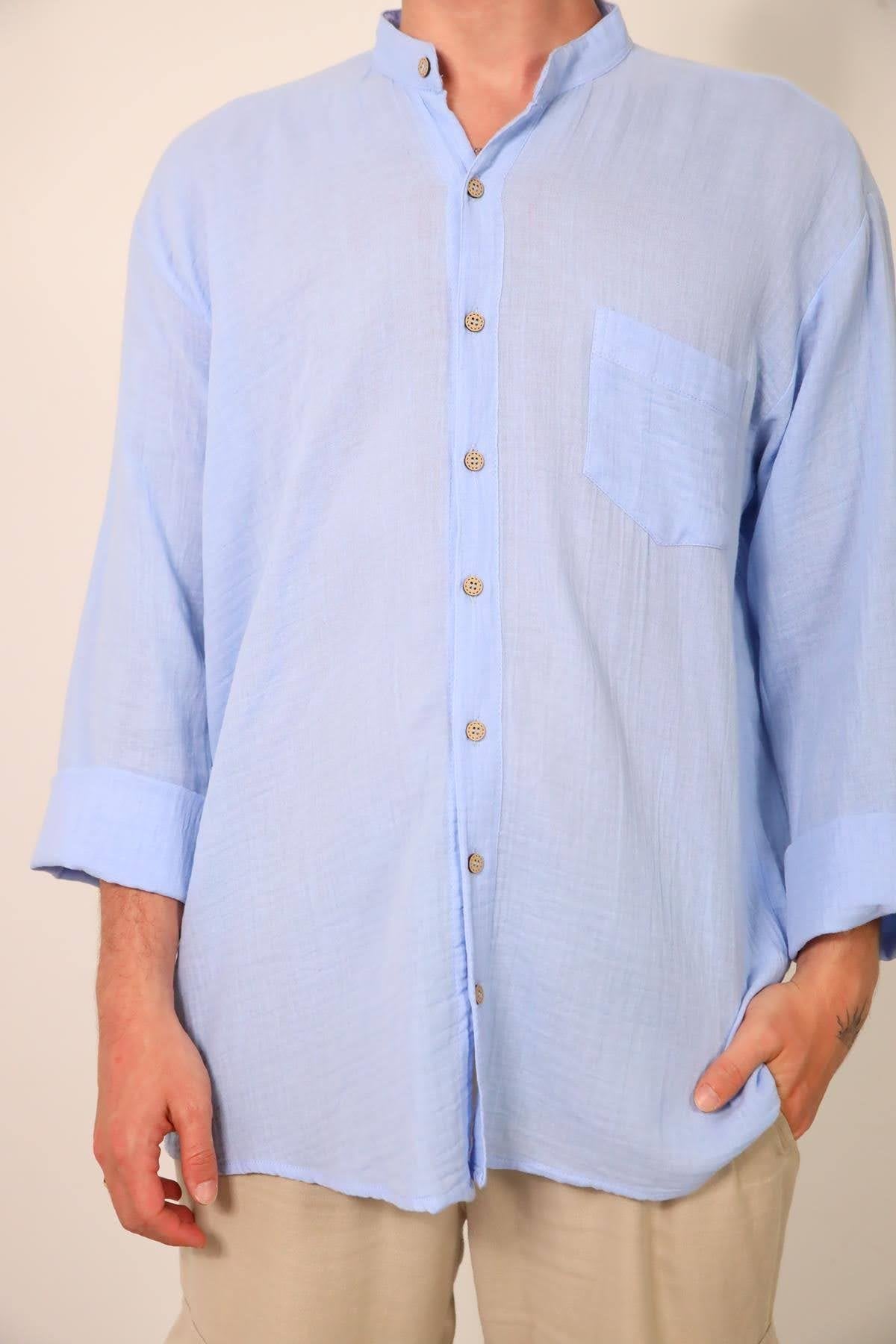 Blue Mandarin Collar Muslin Men's Shirt