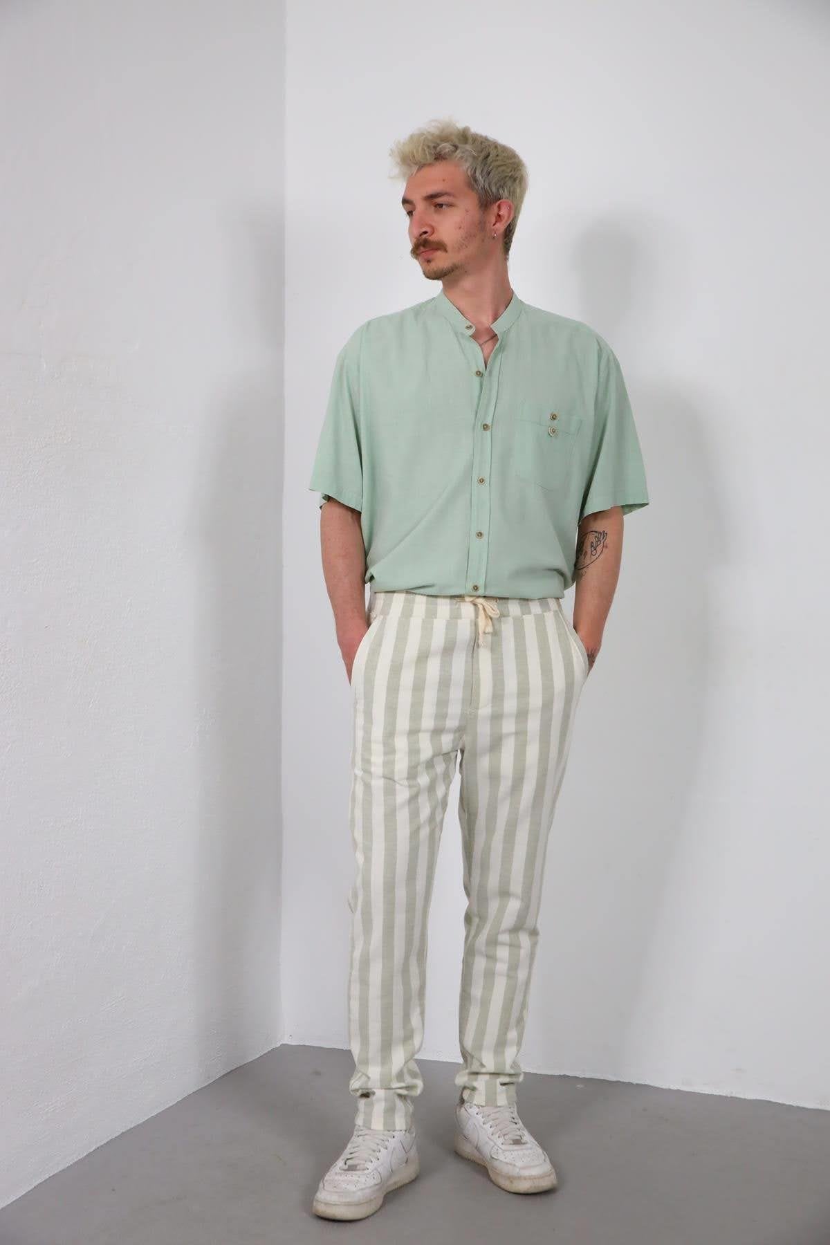 Sea Green Mandarin Collar Pocket Detailed Short Sleeve Men's Shirt