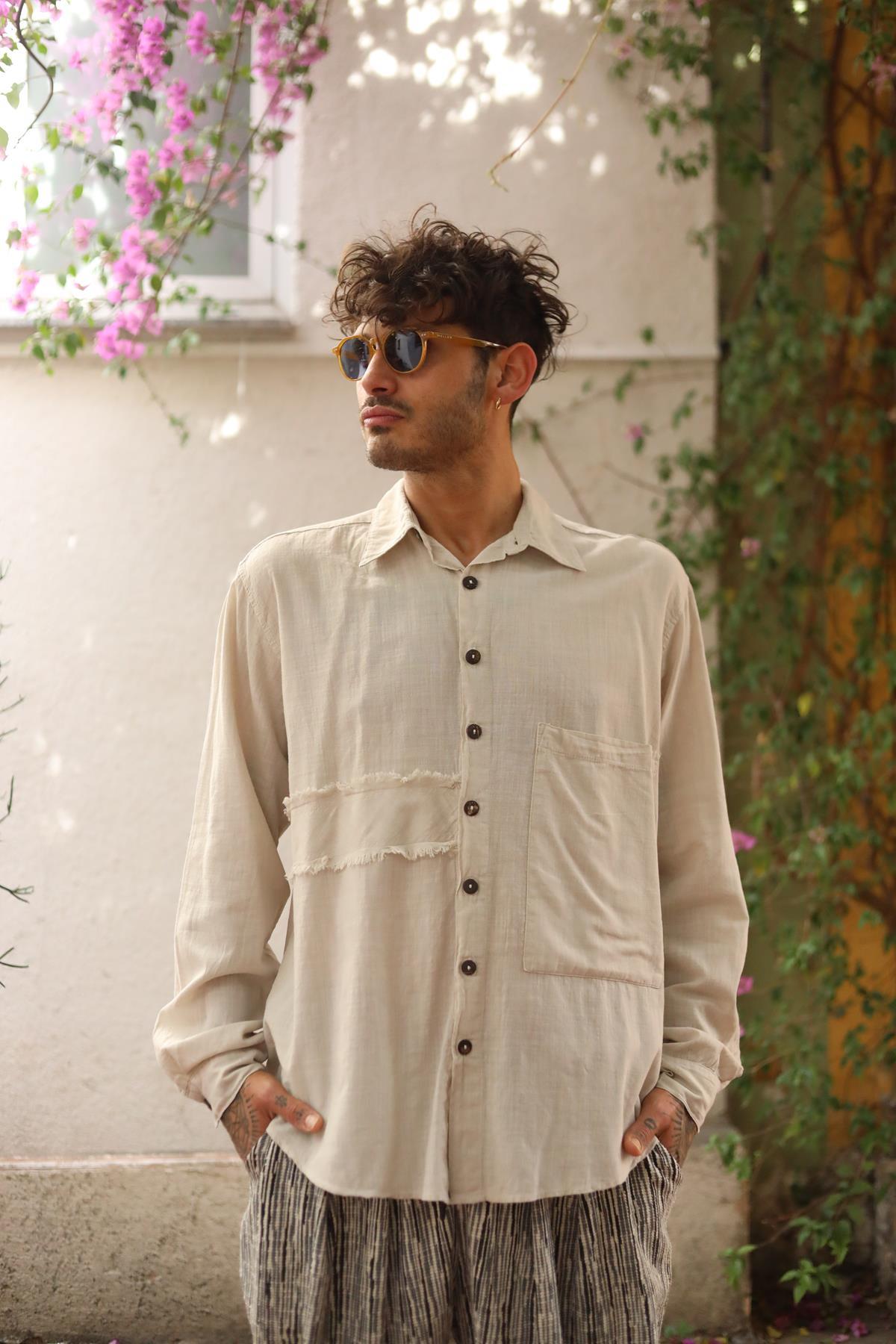 Beige Large Pocket Tasseled Patchwork Men's Shirt
