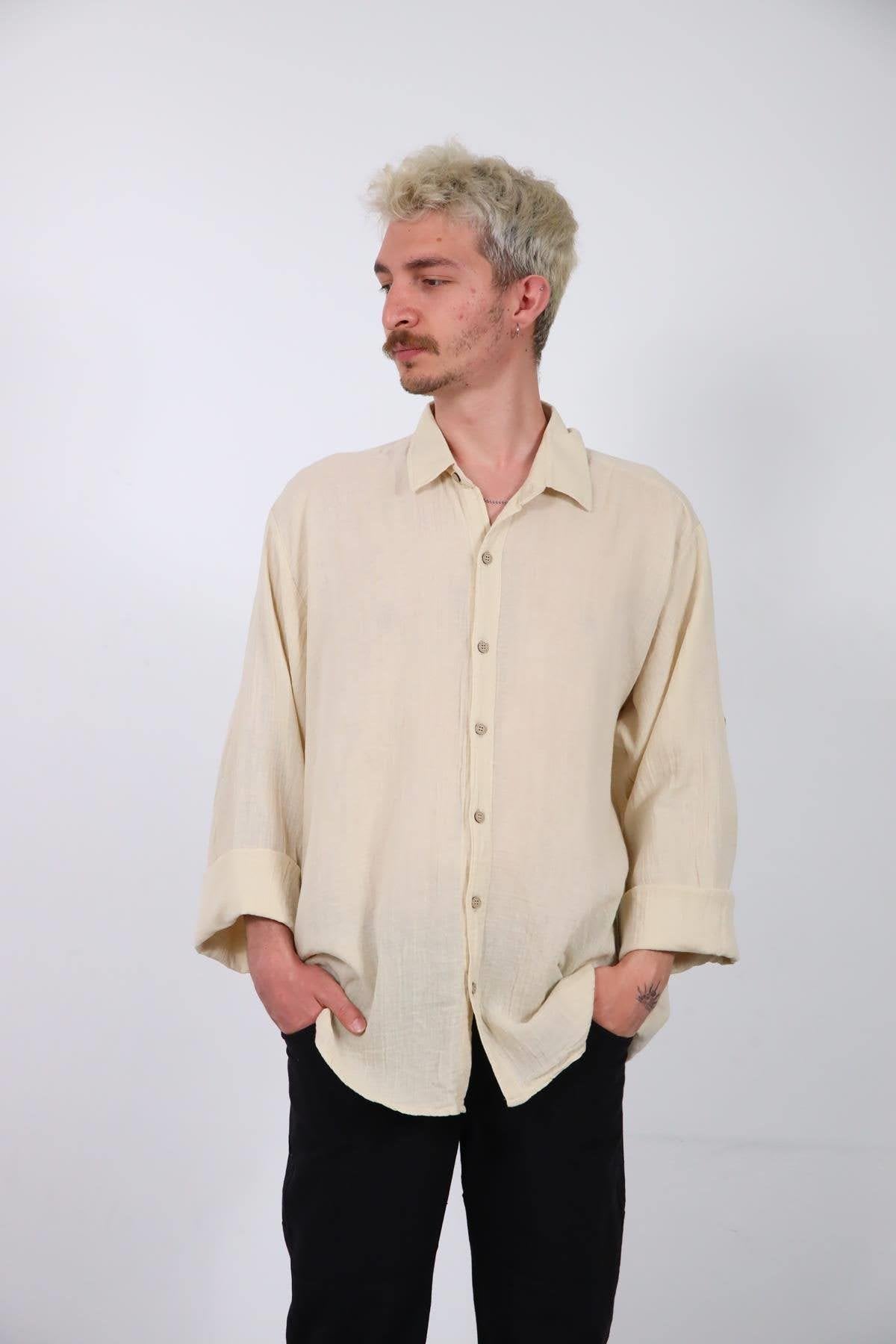 Cream Colored Men's Muslin Shirt with Epauletted Sleeves