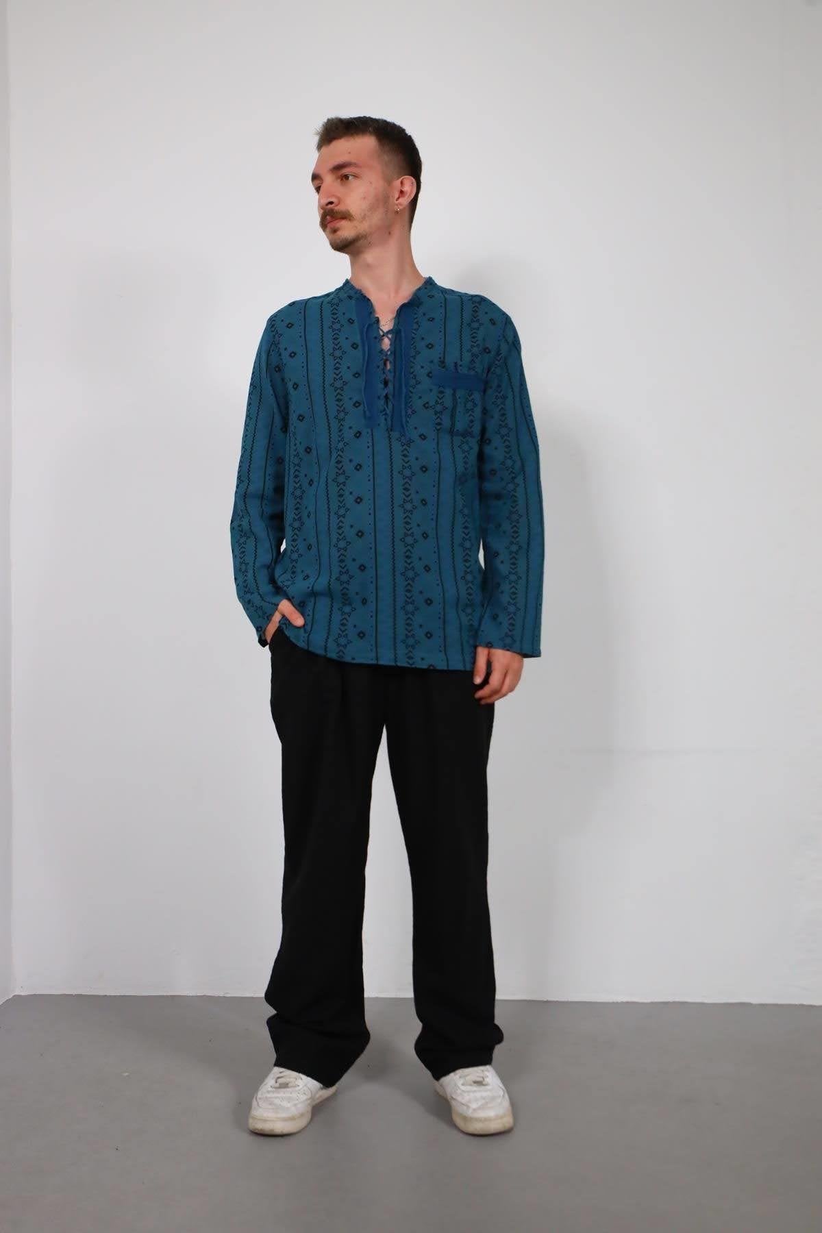 Petrol Blue Lace-Up Collar Printed Men's Shirt