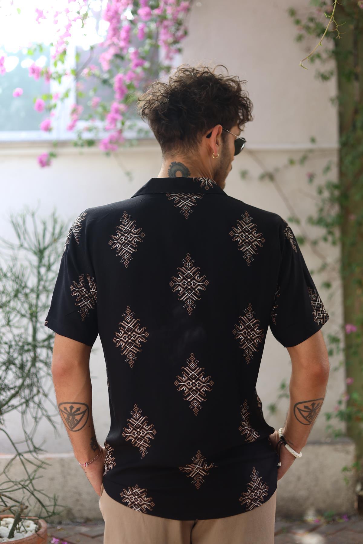 Black Patterned Short Sleeve Men's Shirt