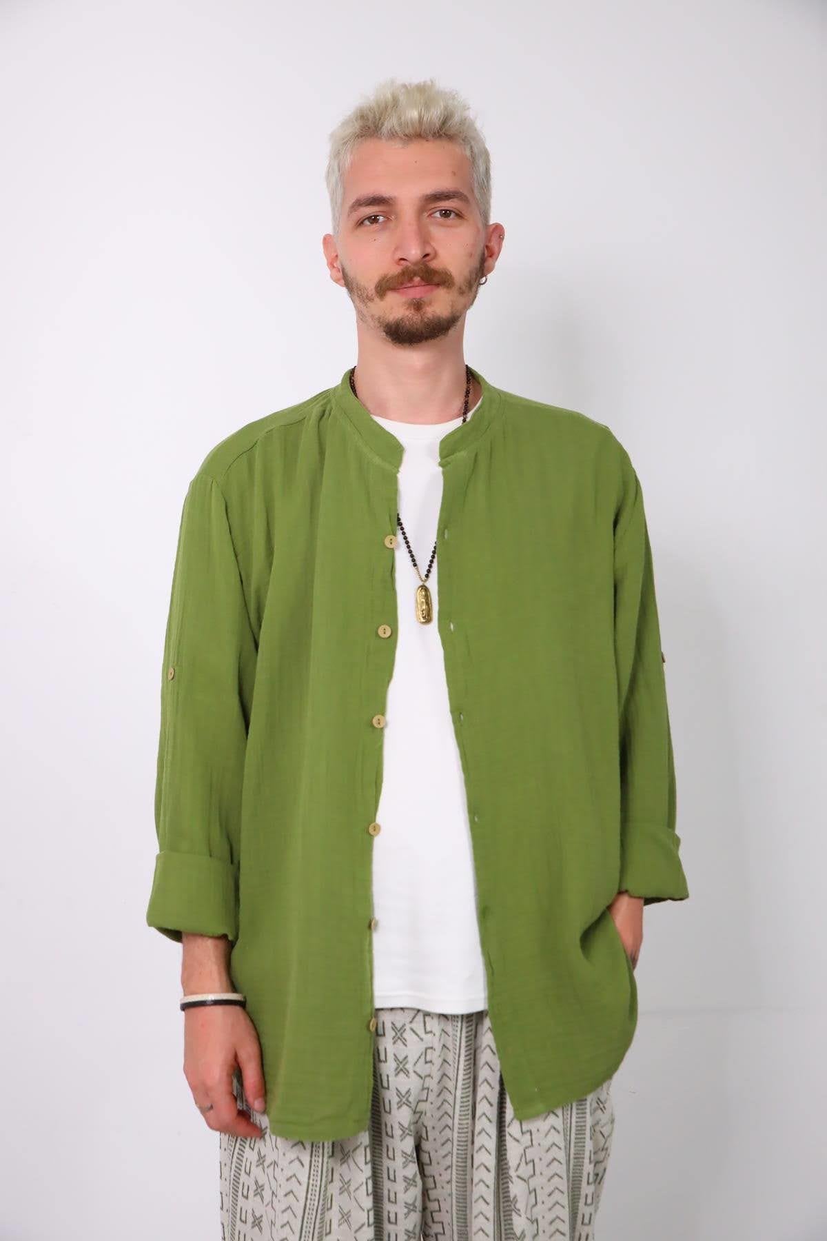 Green Mandarin Collar Muslin Shirt