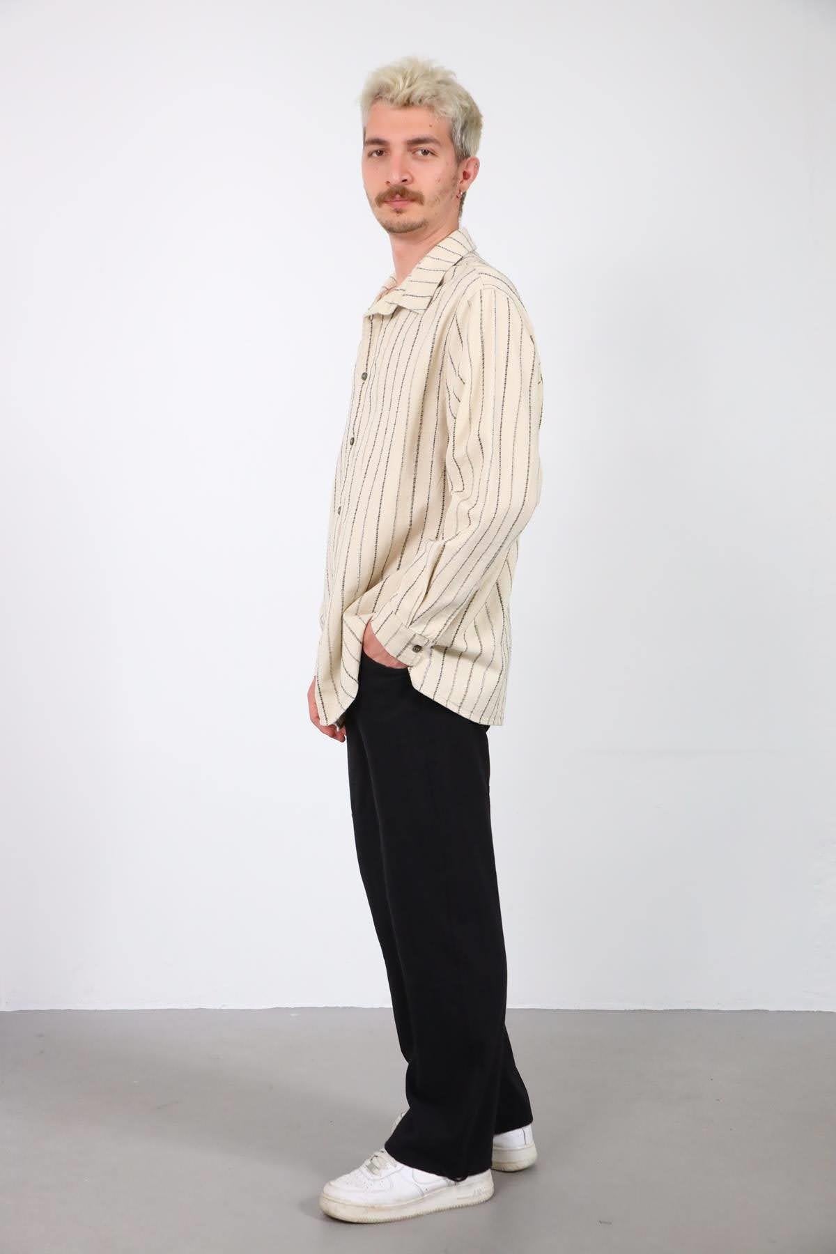Cream-Colored Striped Men's Shirt