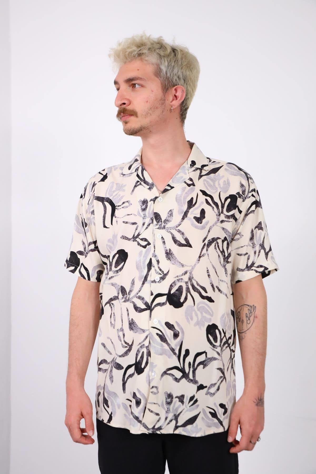 Ecru Patterned Short Sleeve Men's Shirt