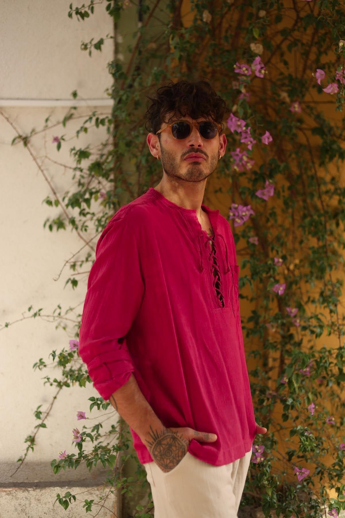 Men's Fuchsia Lace-Up Henley Shirt - Long Sleeve Casual