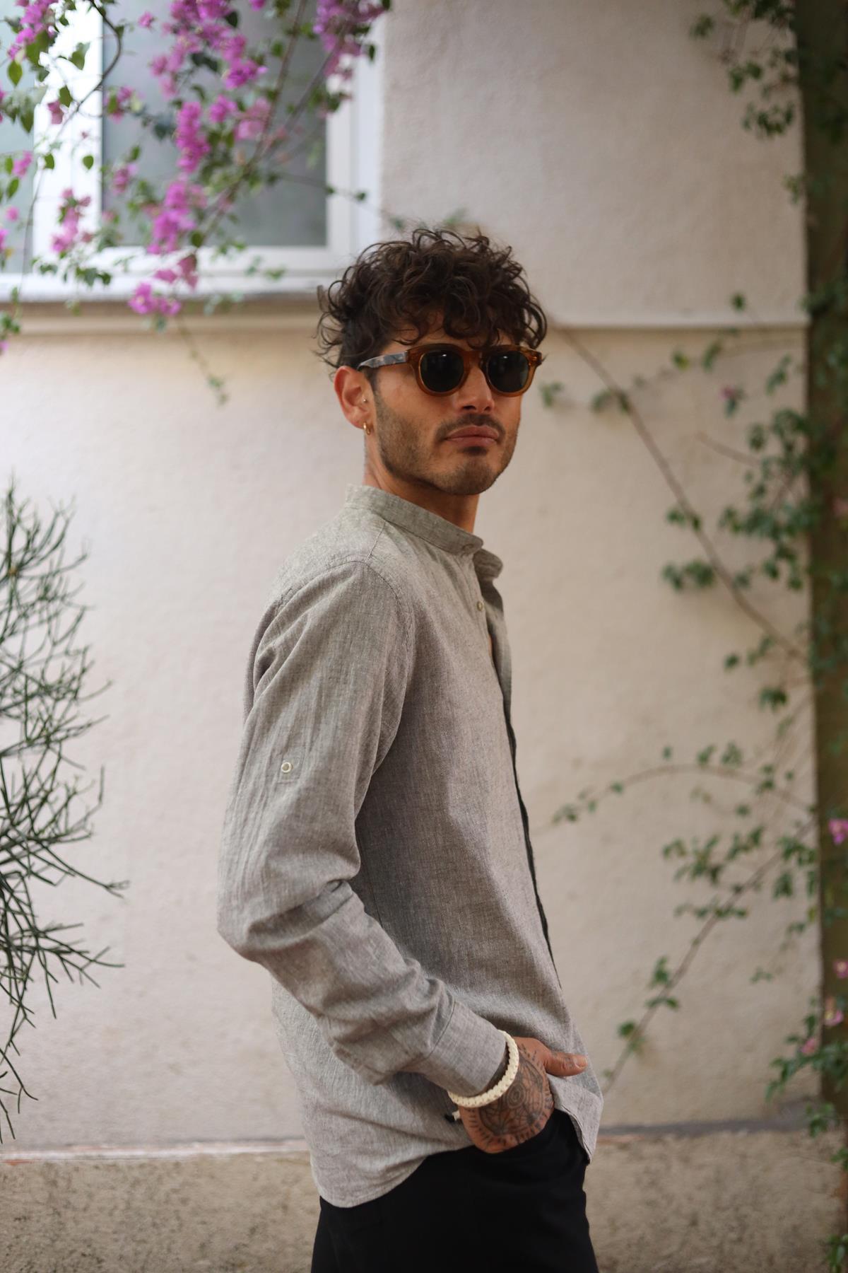 Gray Mandarin Collar Long Sleeve Men's Linen Shirt