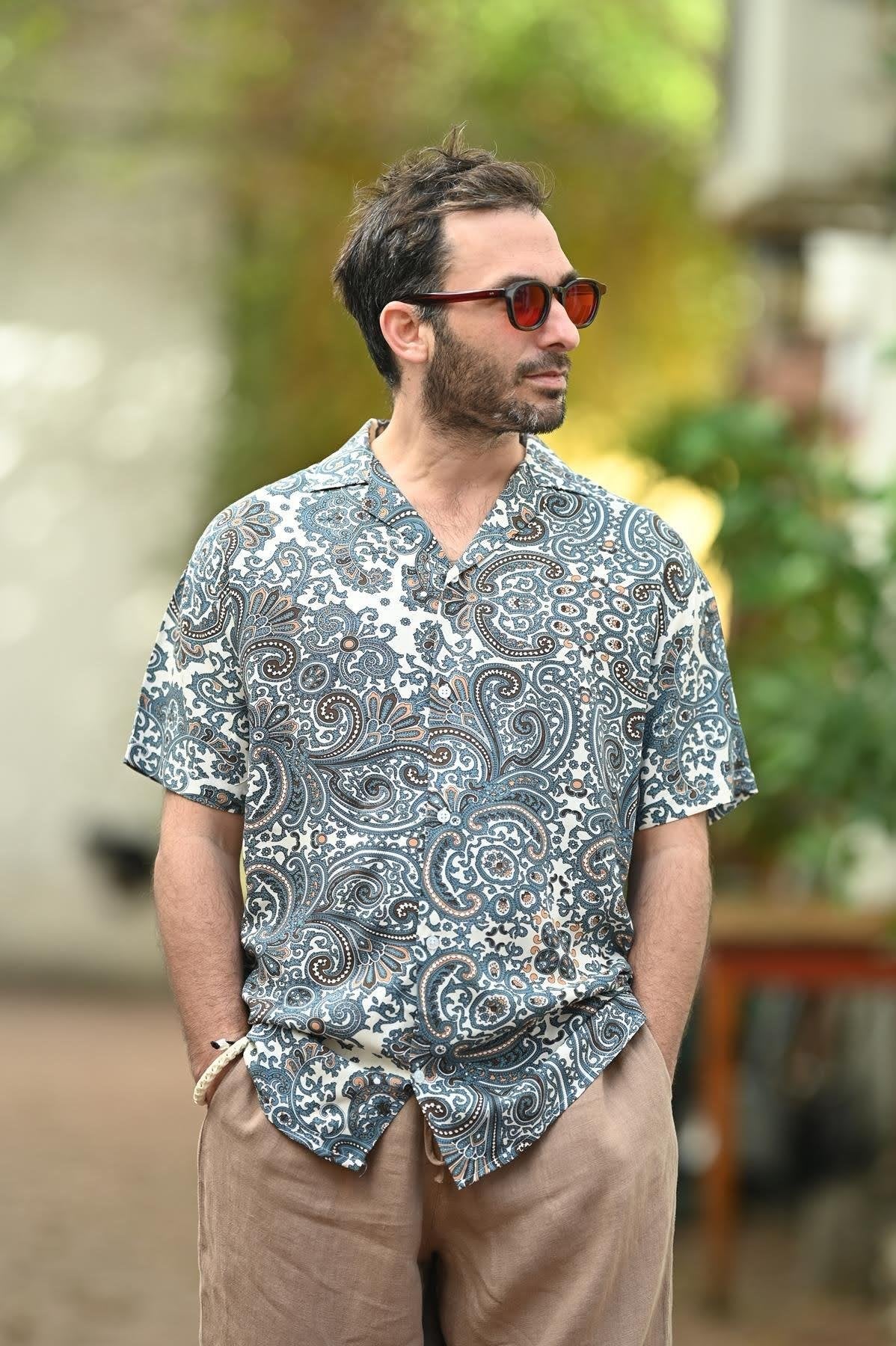 Petrol Blue Patterned Short Sleeve Men's Shirt