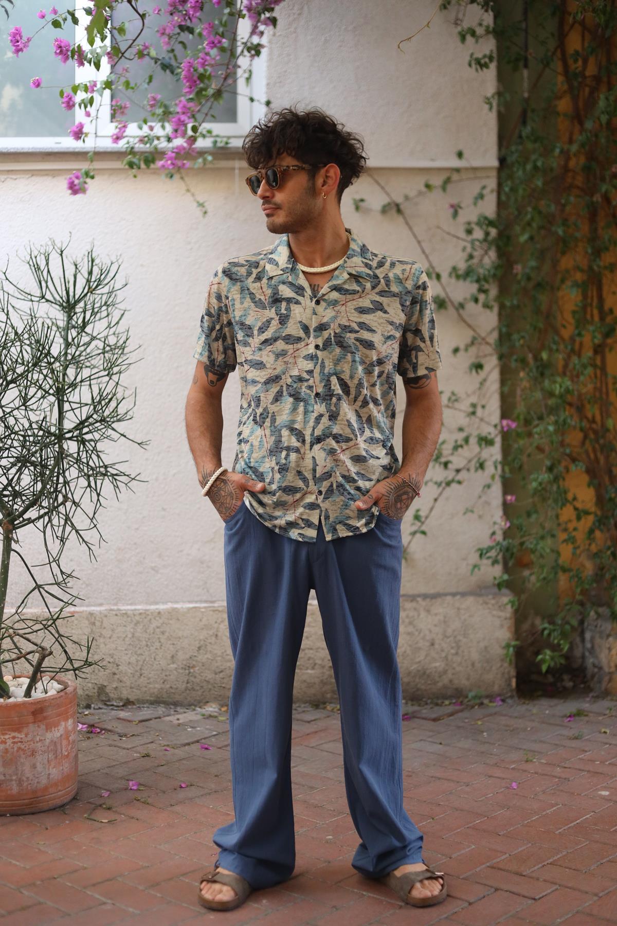 Light Khaki Leaf Patterned Men's Shirt