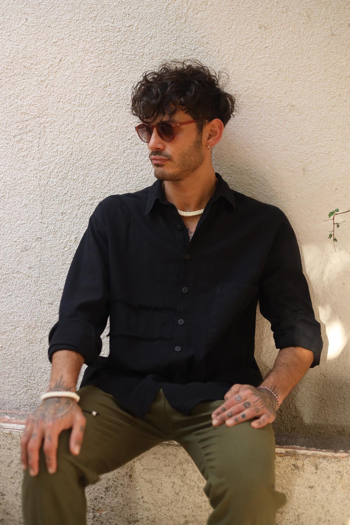 Black Men's Shirt with Large Pockets and Tassels