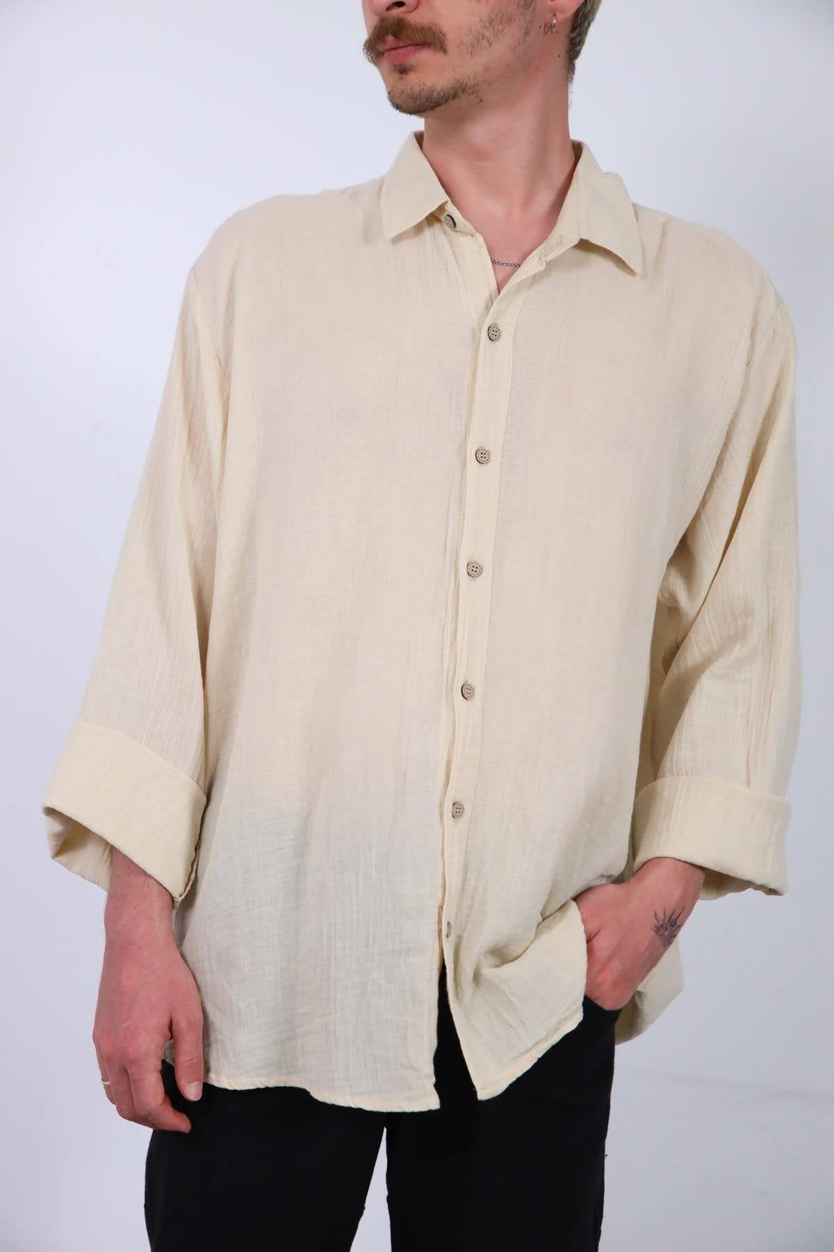 Cream Colored Men's Muslin Shirt with Epauletted Sleeves