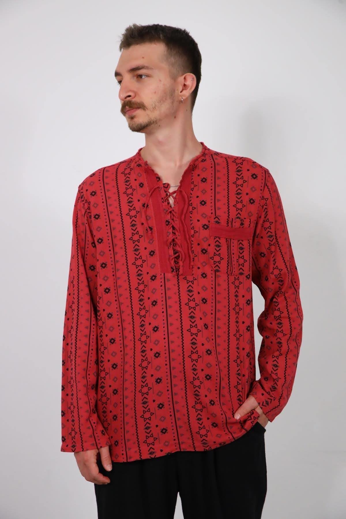 Burgundy Lace-Up Collar Printed Men's Shirt