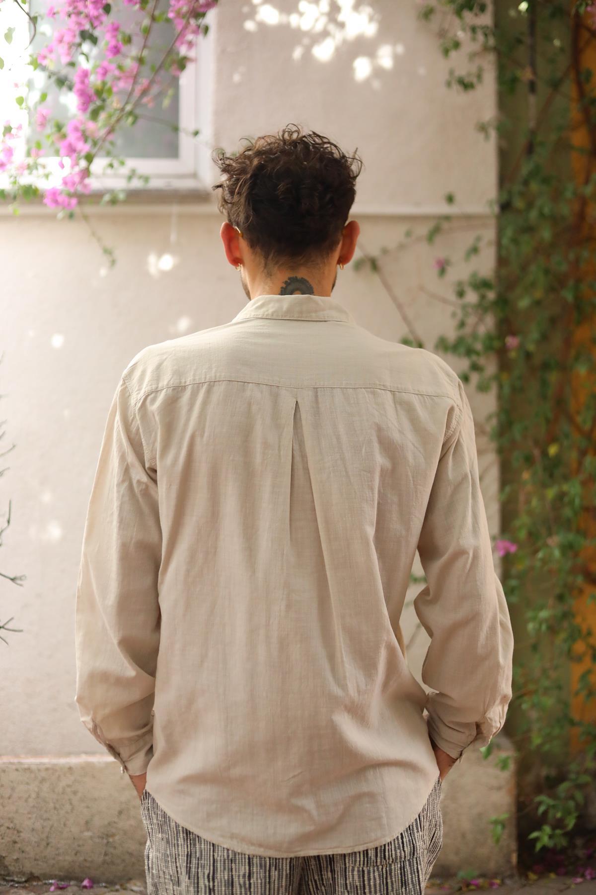 Beige Large Pocket Tasseled Patchwork Men's Shirt