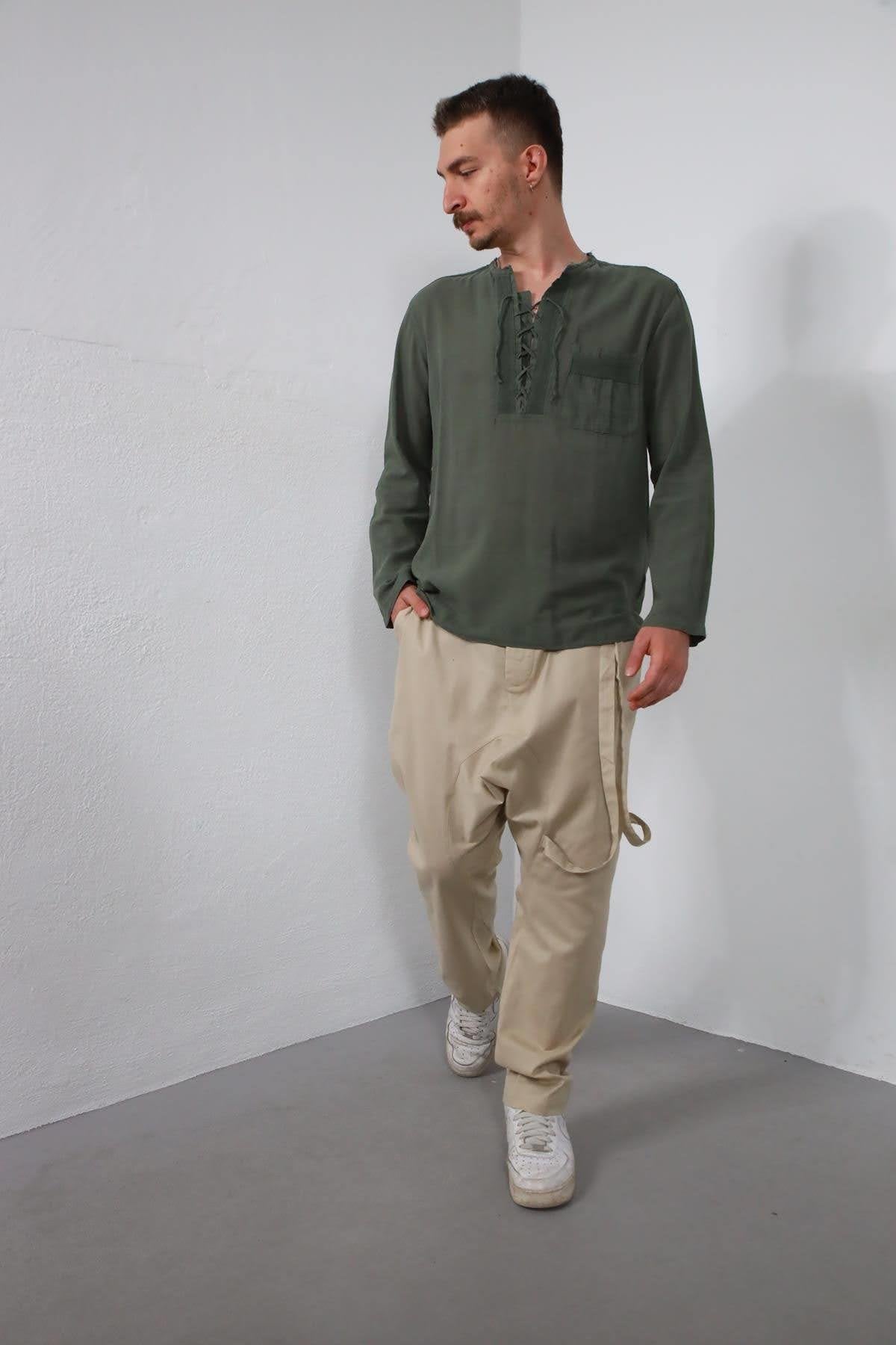 Khaki Lace-Up Bohemian Men's Shirt