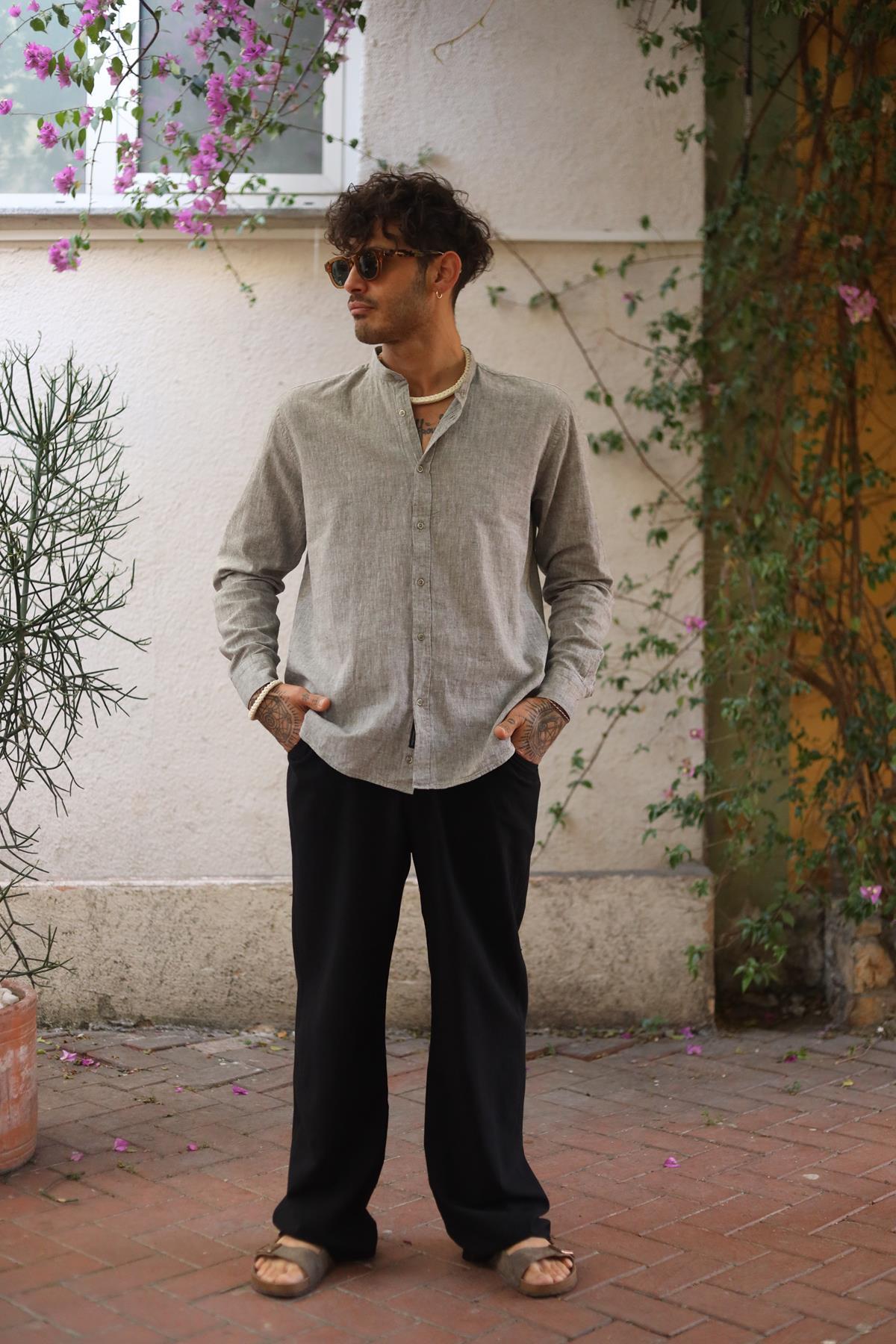 Gray Mandarin Collar Long Sleeve Men's Linen Shirt