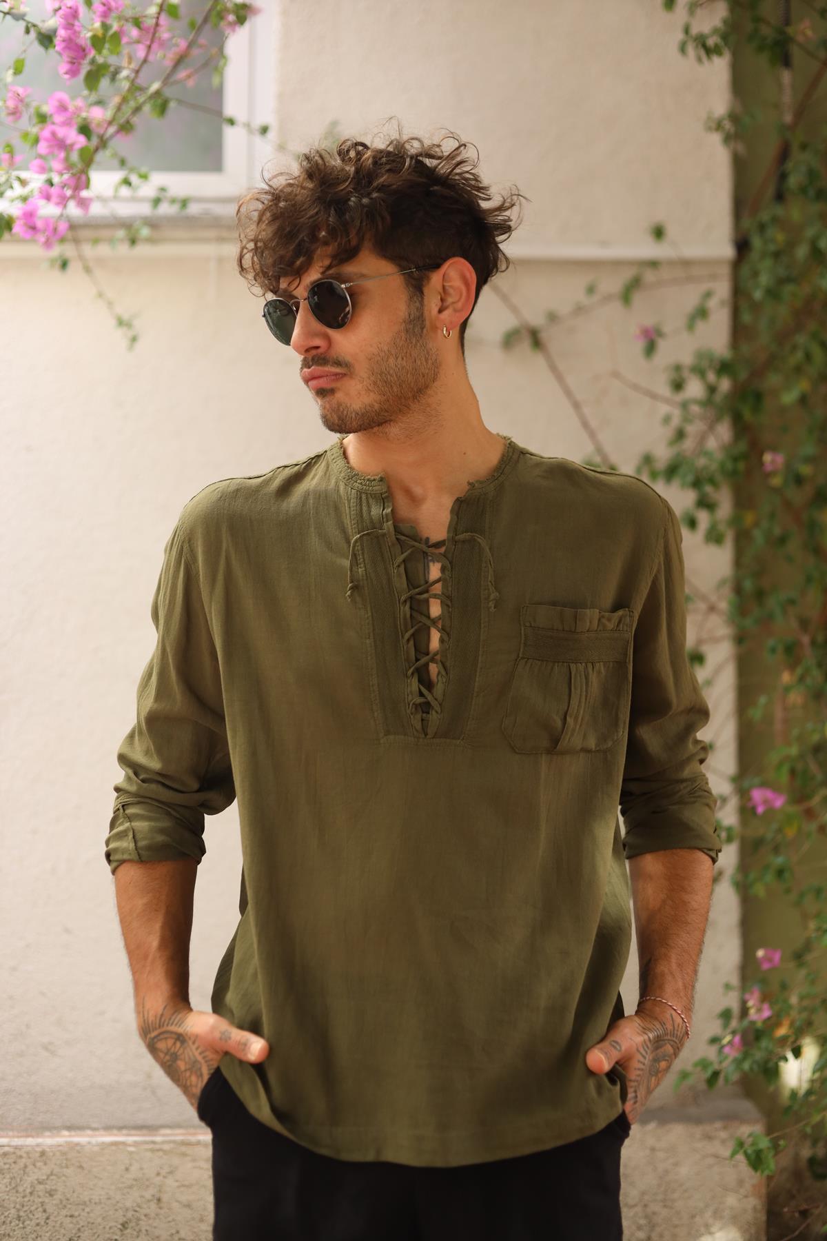 Khaki Lace-Up Bohemian Men's Shirt
