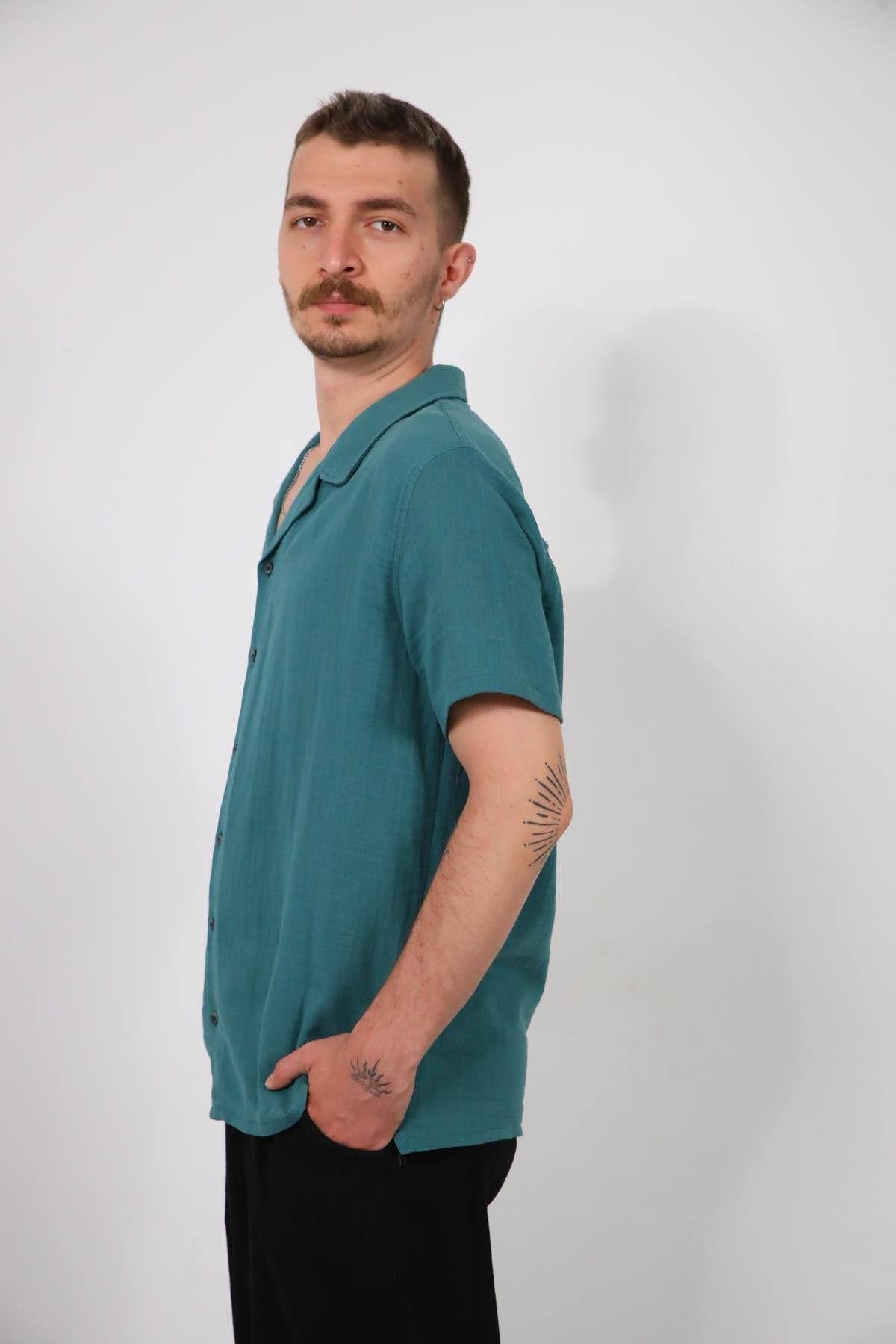 Petrol Green Tassel Back Short Sleeve Men's Shirt