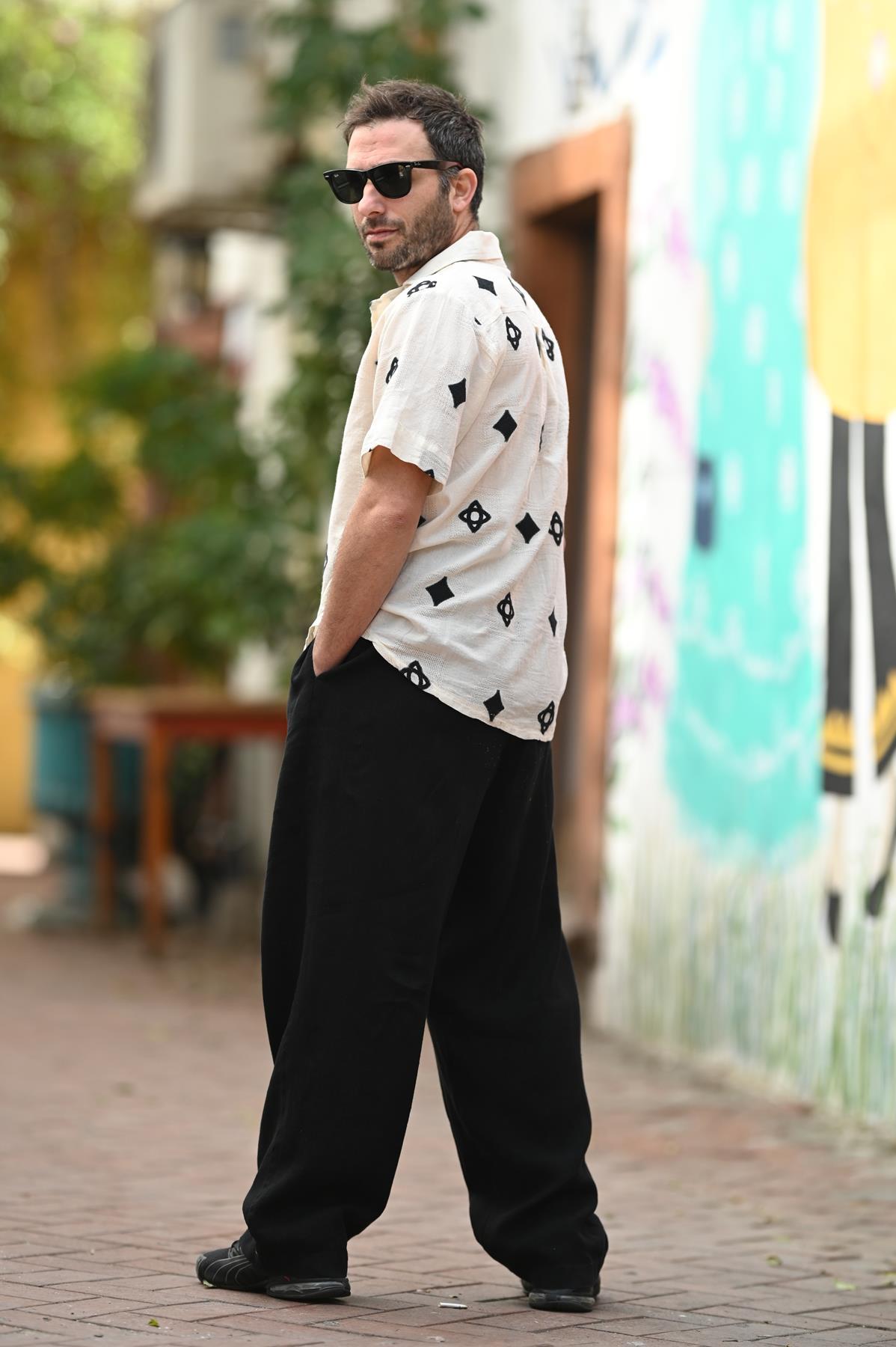 Cream Bordered Short Sleeve Men's Shirt