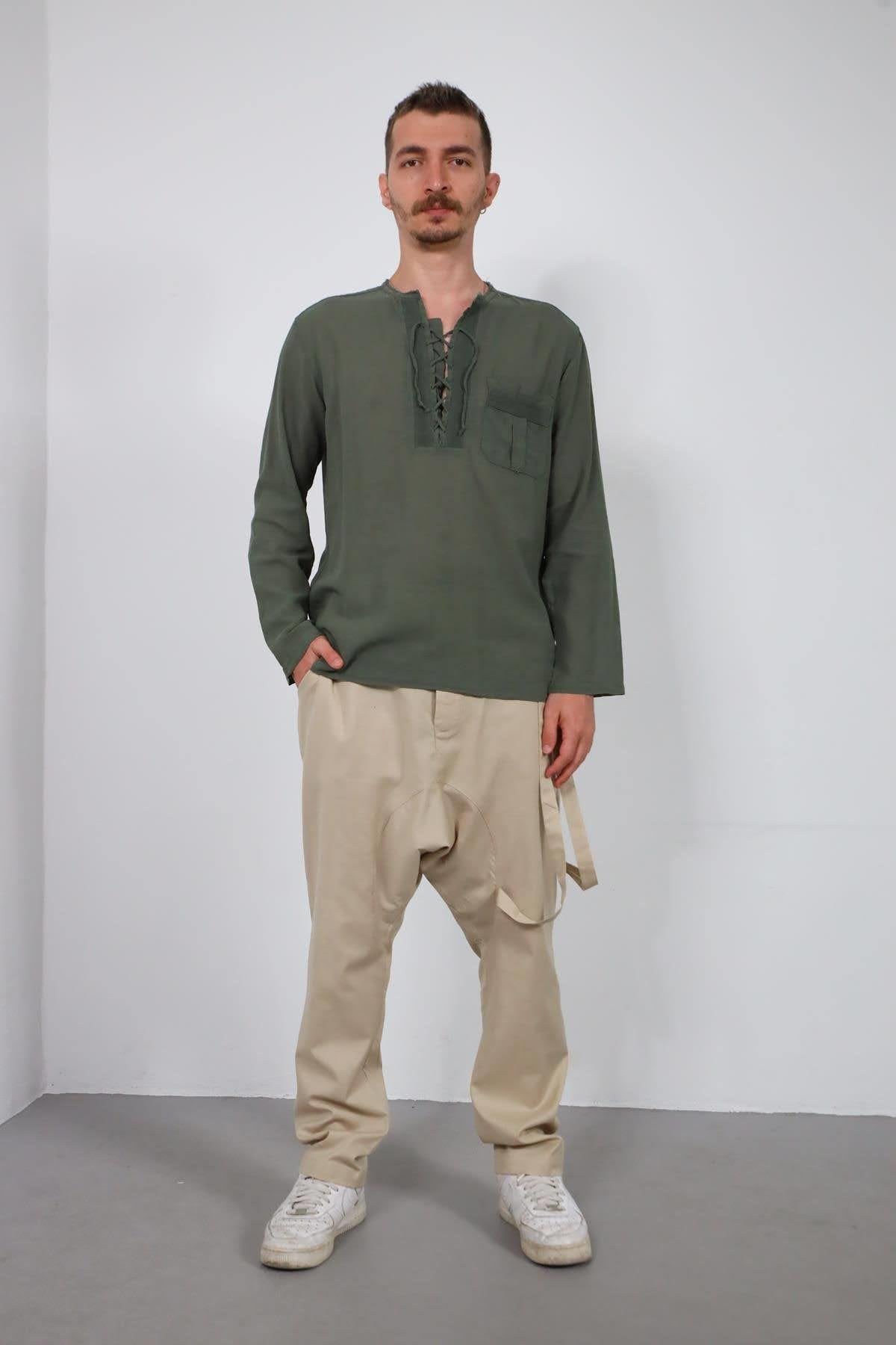 Khaki Lace-Up Bohemian Men's Shirt