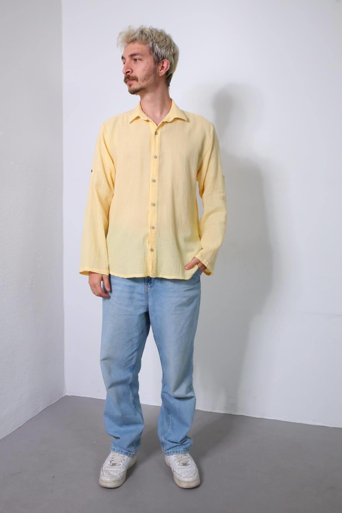 Lemon Yellow Men's Muslin Shirt with Epauletted Sleeves
