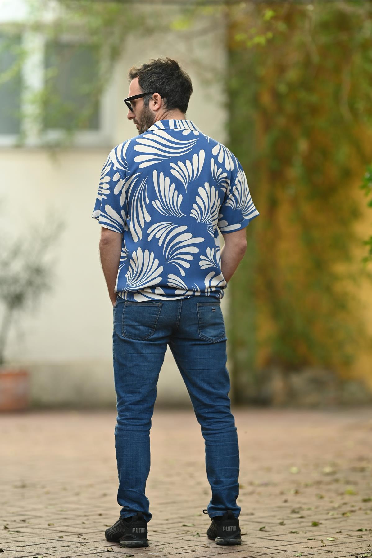 Indigo Blue Patterned Short Sleeve Men's Shirt