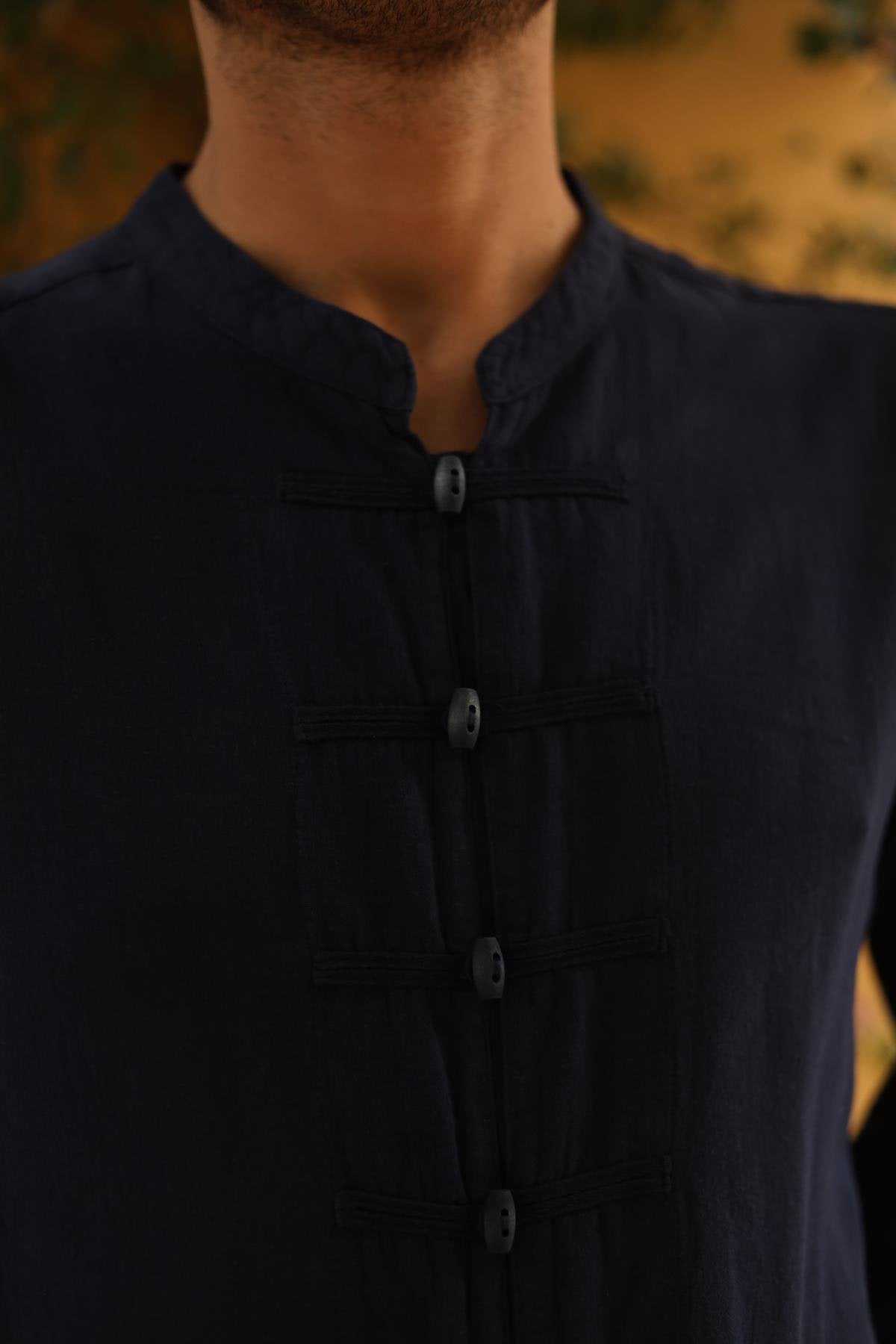 Navy Blue Mandarin Collar Button Detailed Men's Shirt