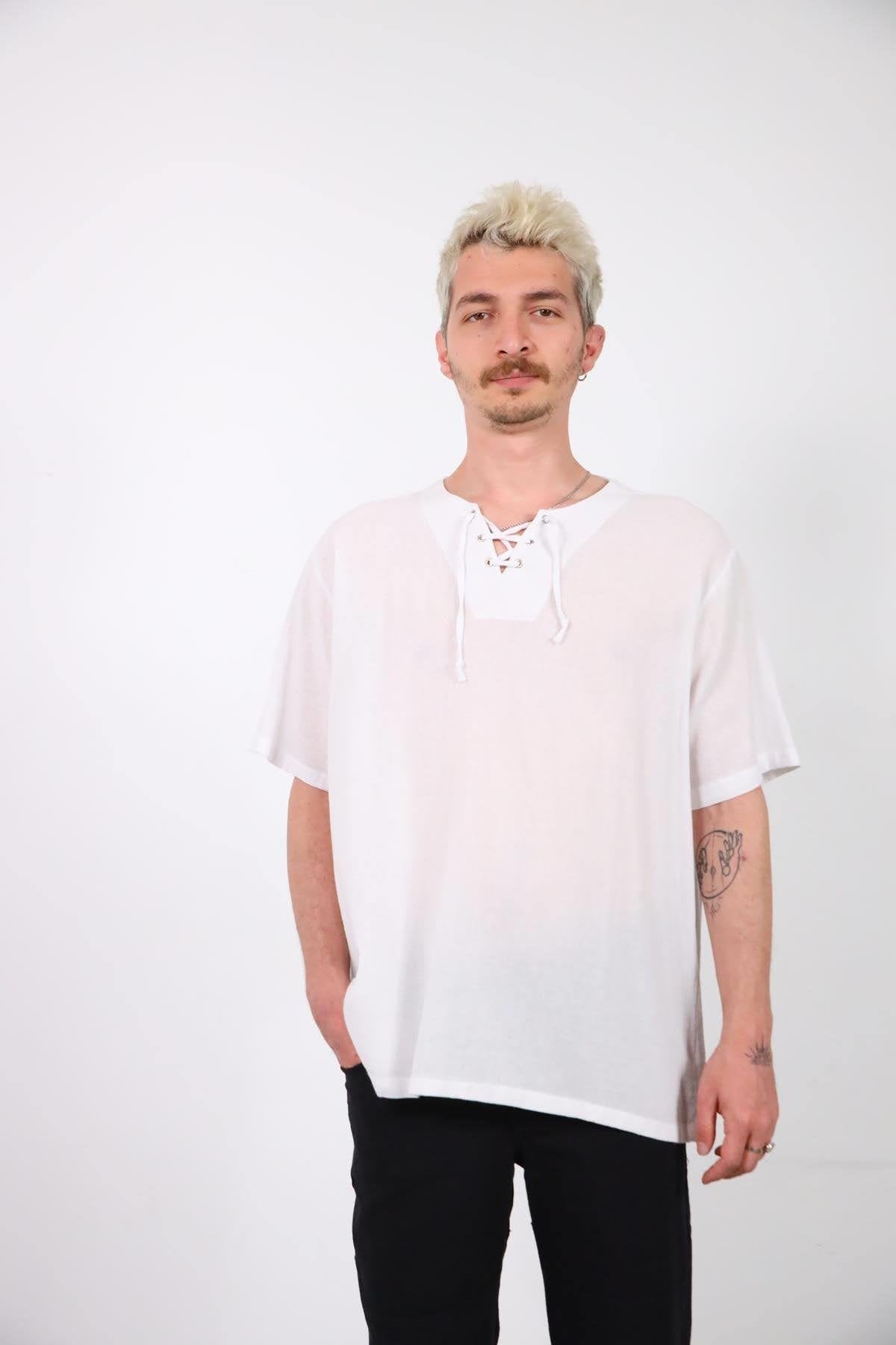 White Tie-Neck Short Sleeve Men's Shirt