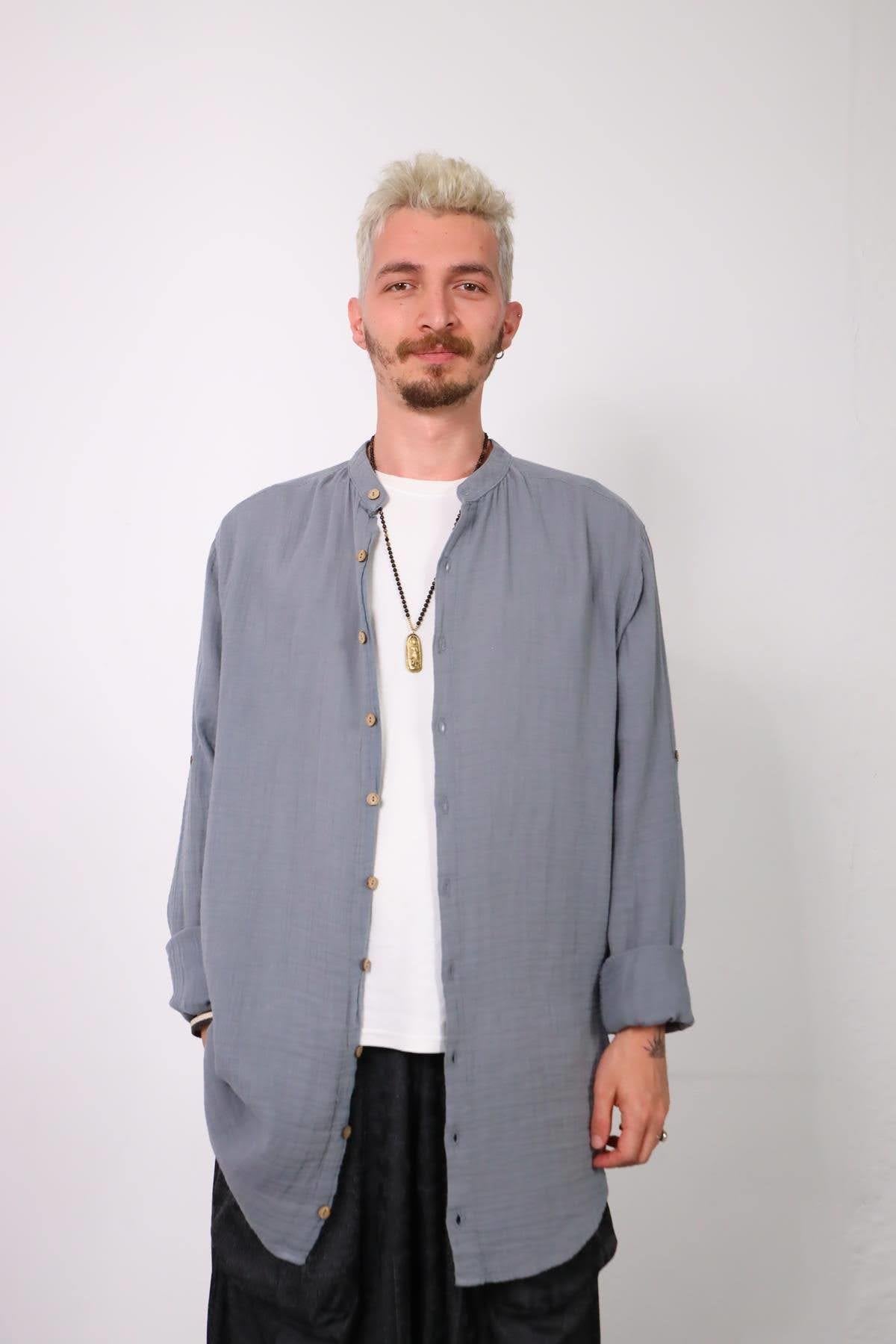 Anthracite Mandarin Collar Muslin Men's Shirt