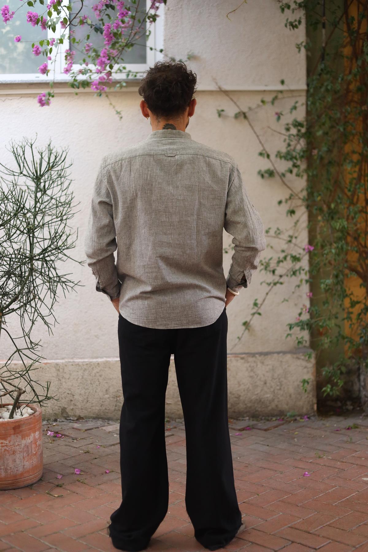 Gray Mandarin Collar Long Sleeve Men's Linen Shirt