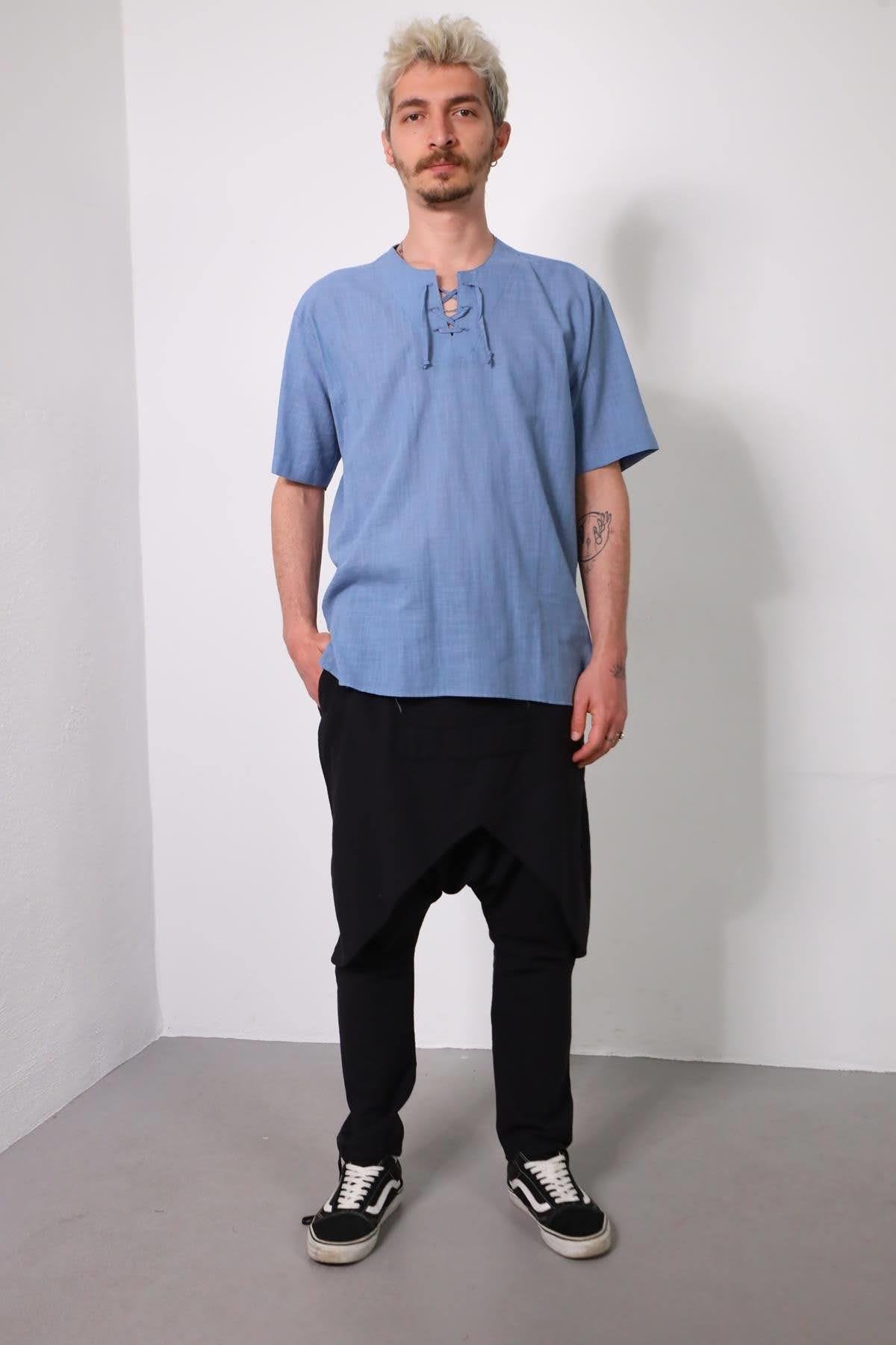 Indigo Blue Lace-Up Collar Slit Short Sleeve Men's Shirt