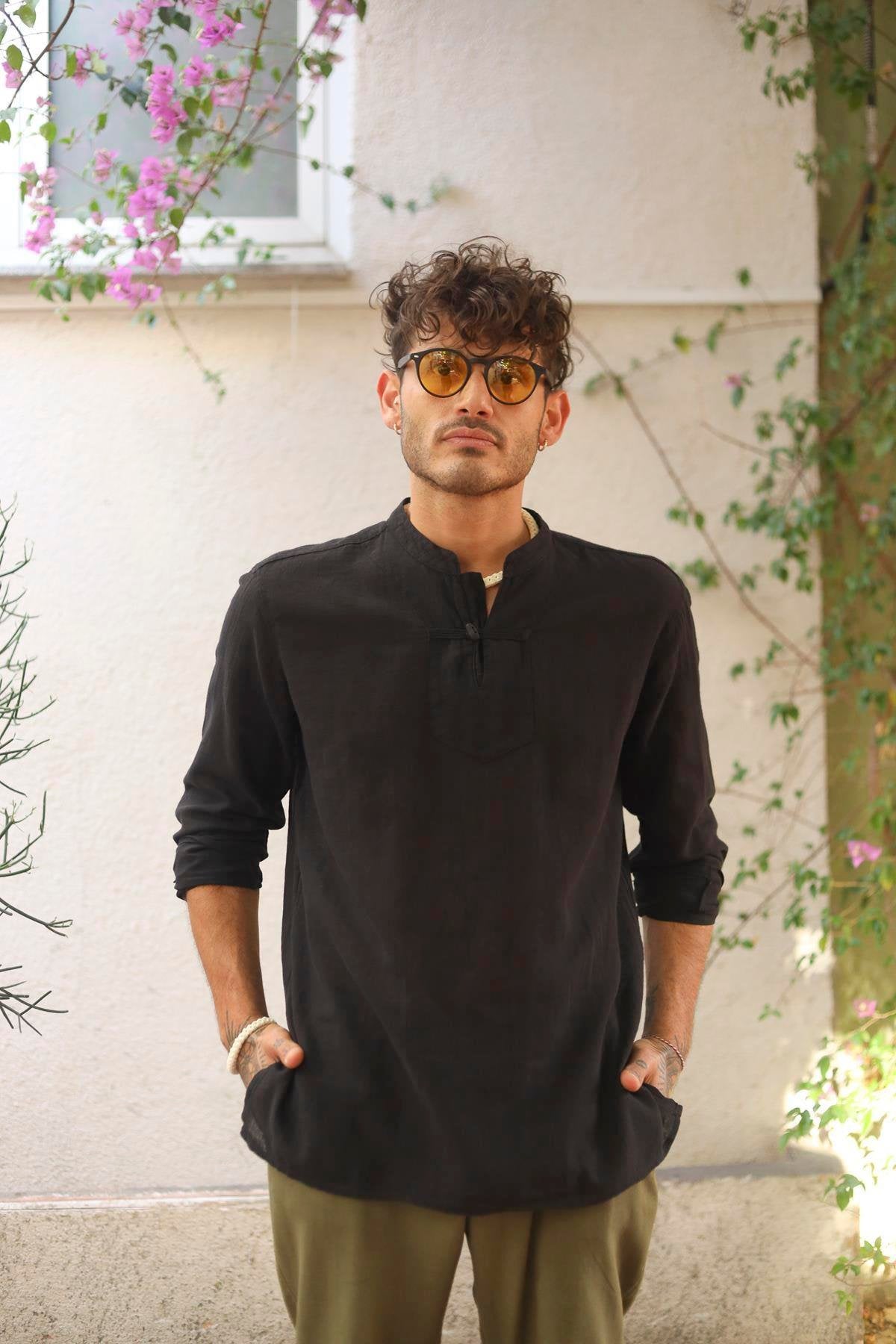 Black Casual Long Sleeve Henley Shirt with Band Collar