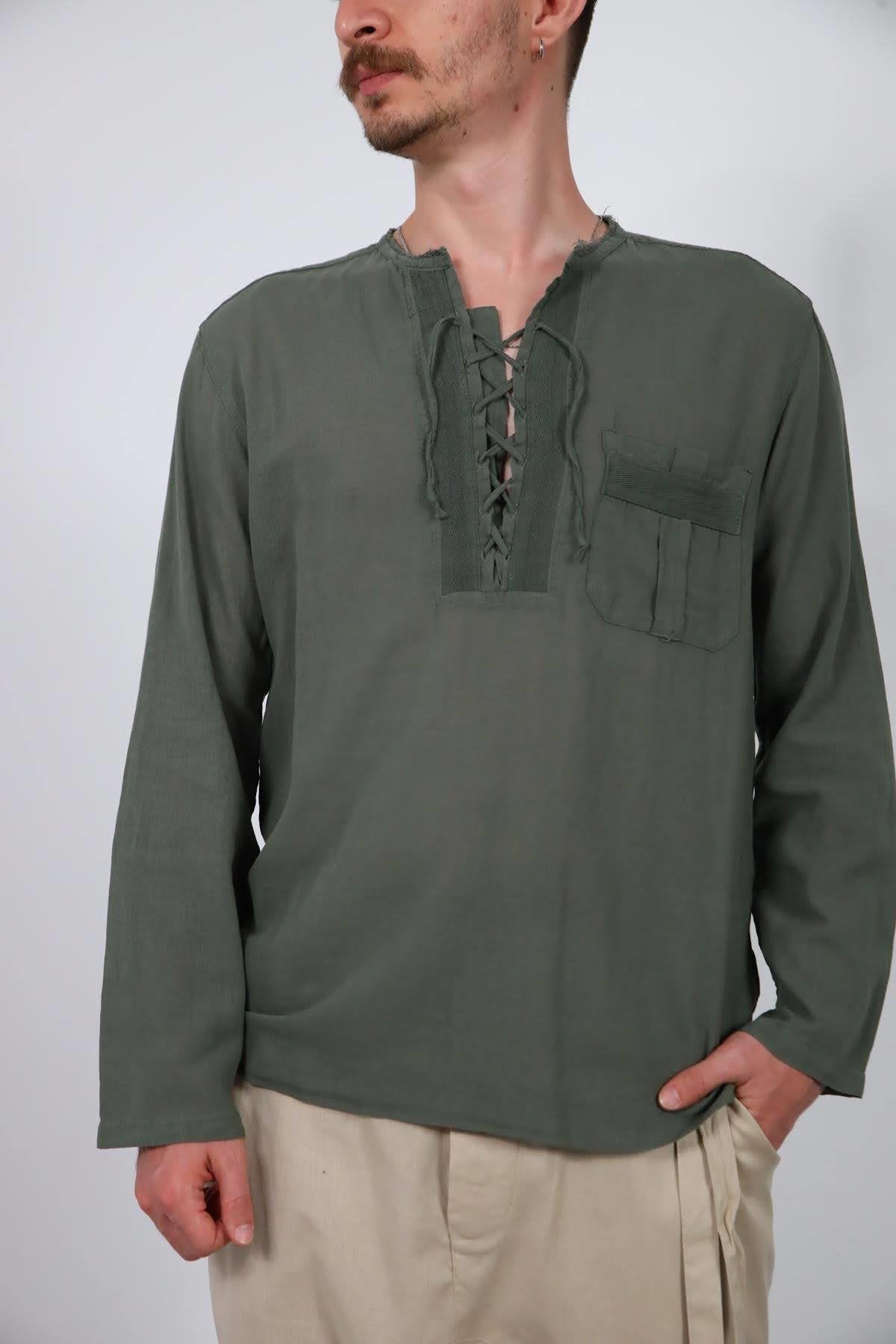 Khaki Lace-Up Bohemian Men's Shirt