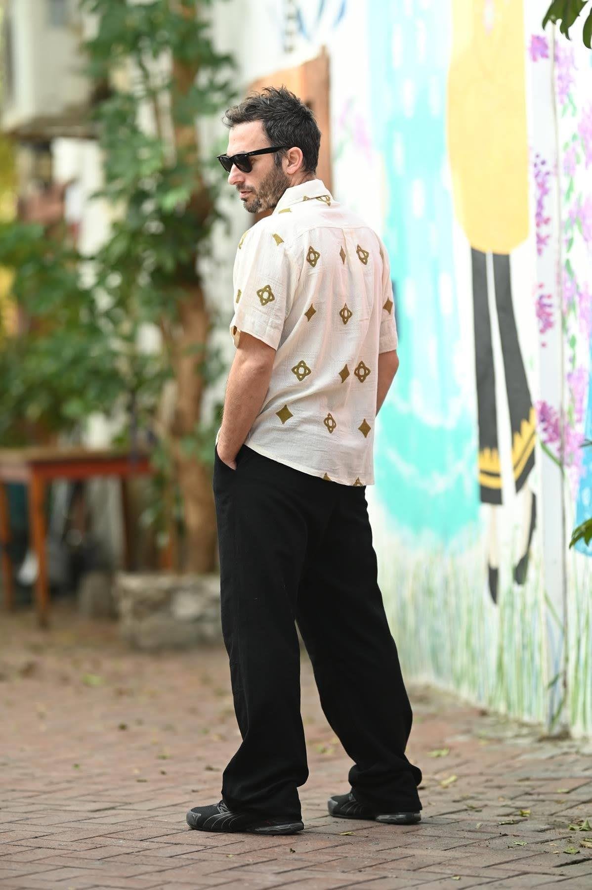 Cream Bordered Short Sleeve Men's Shirt