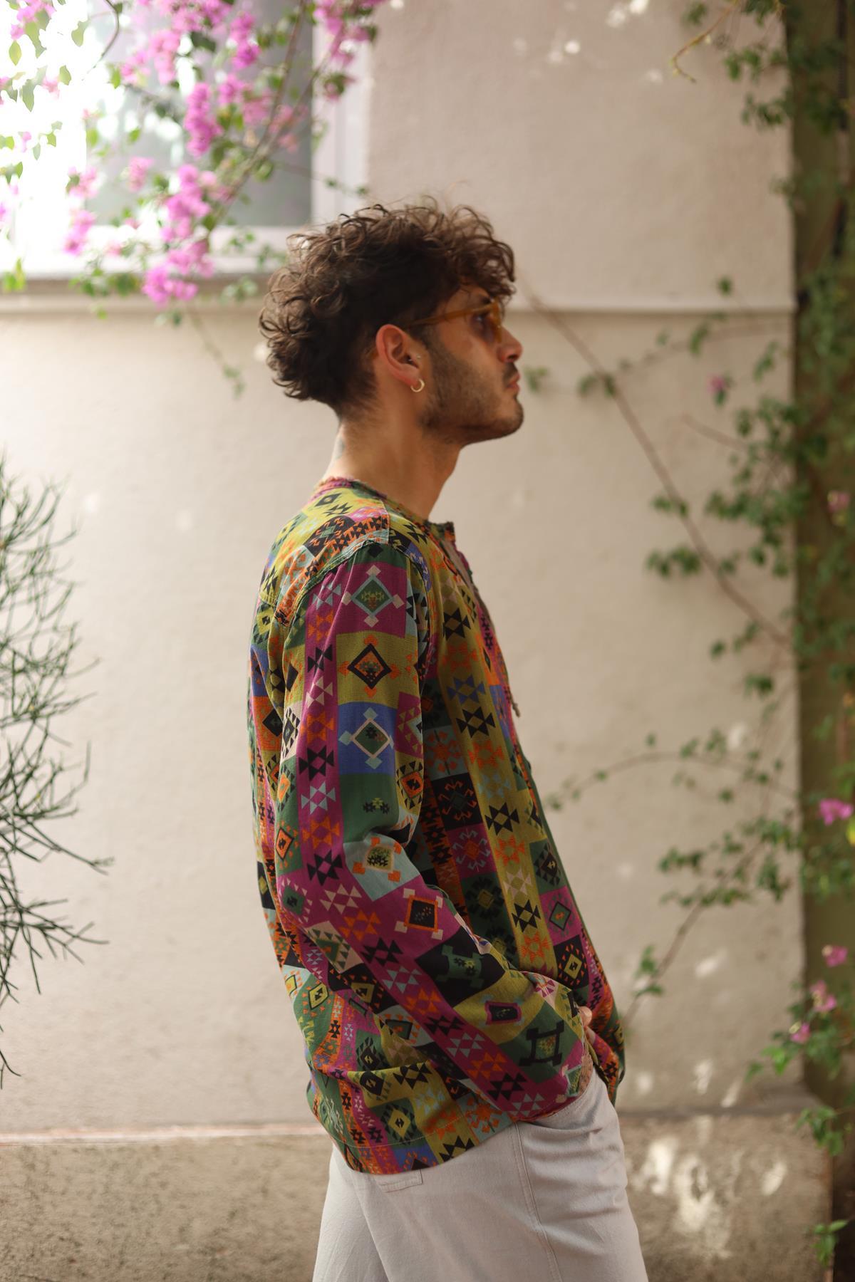 Mink Color Printed Lace-Up Collar Men's Shirt