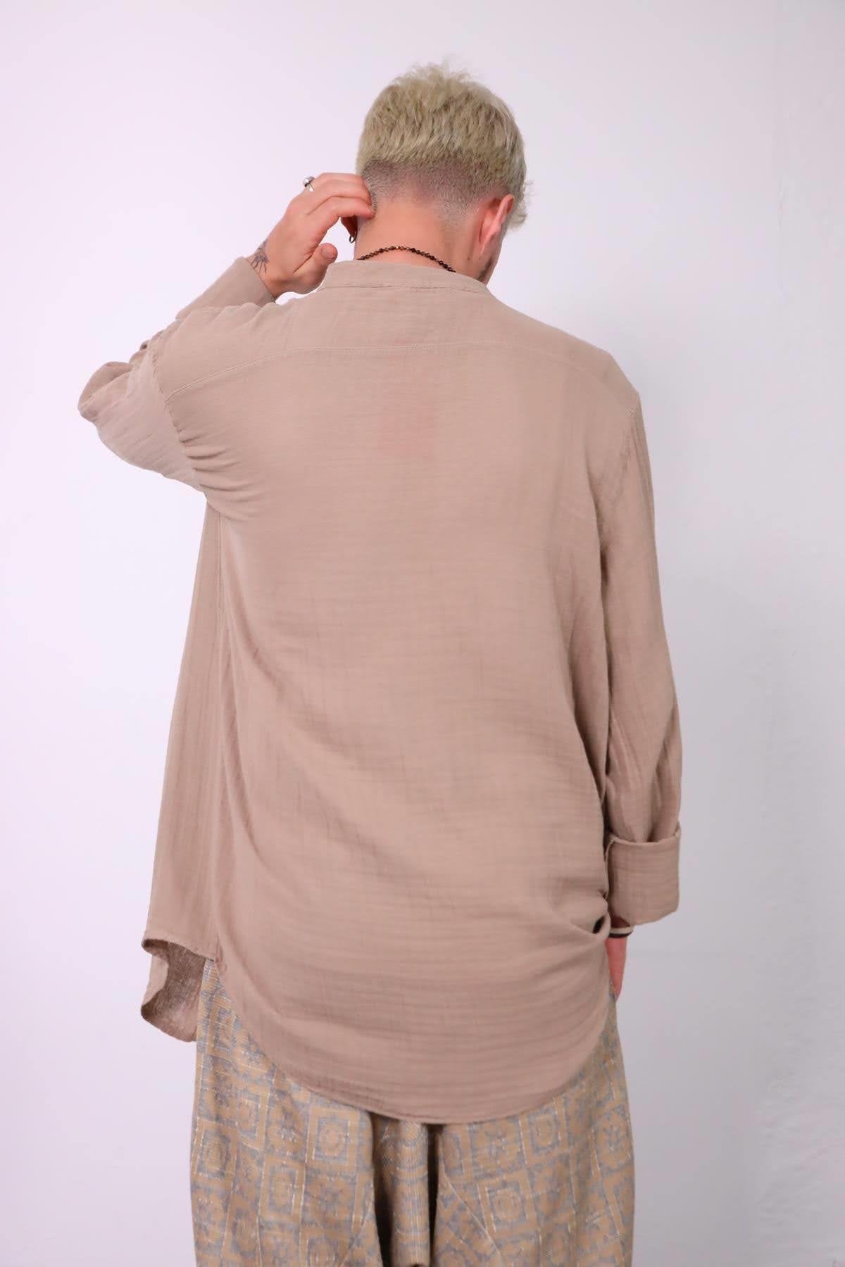 Mink Colored Mandarin Collar Muslin Men's Shirt