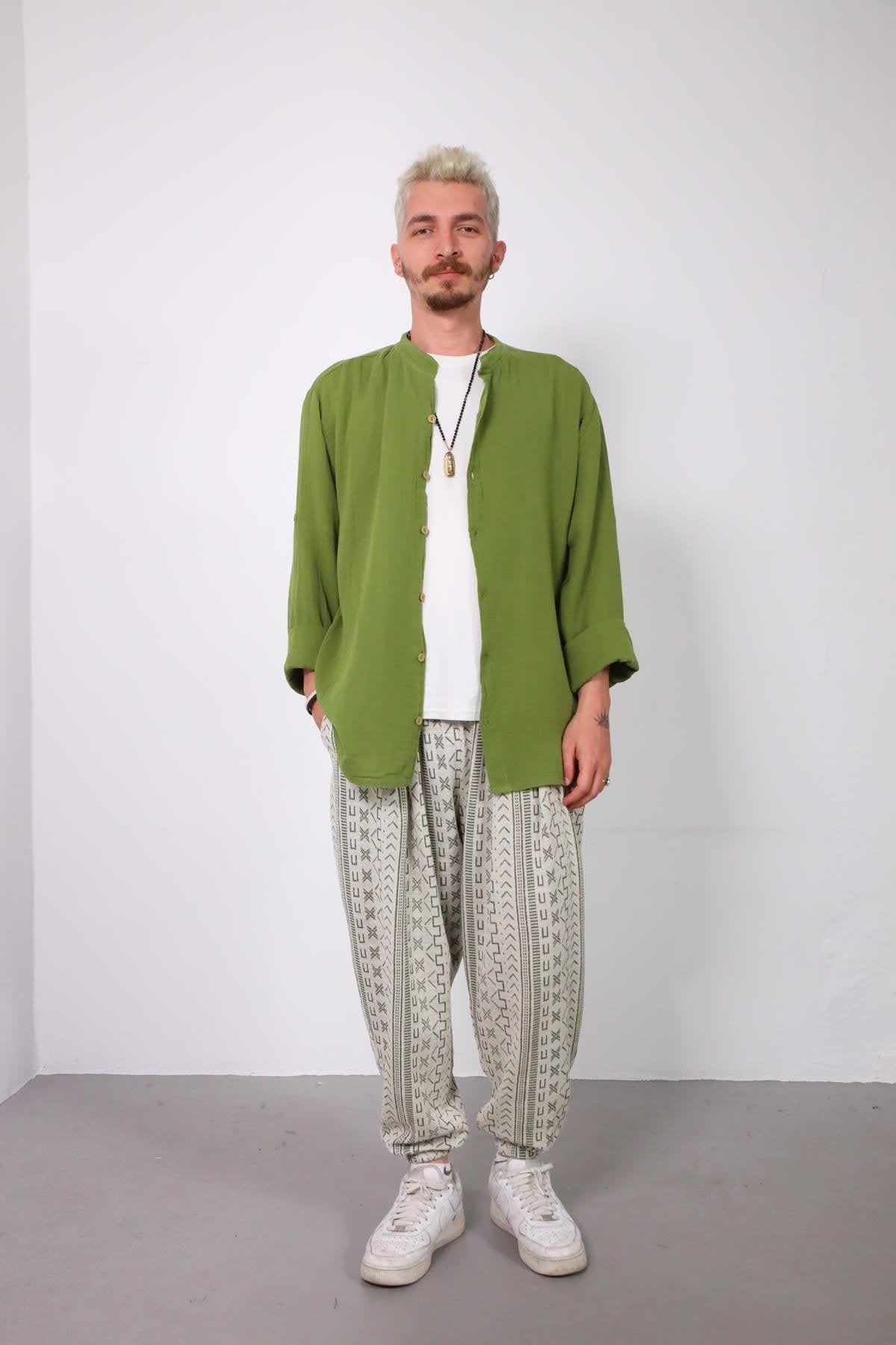 Green Mandarin Collar Muslin Shirt