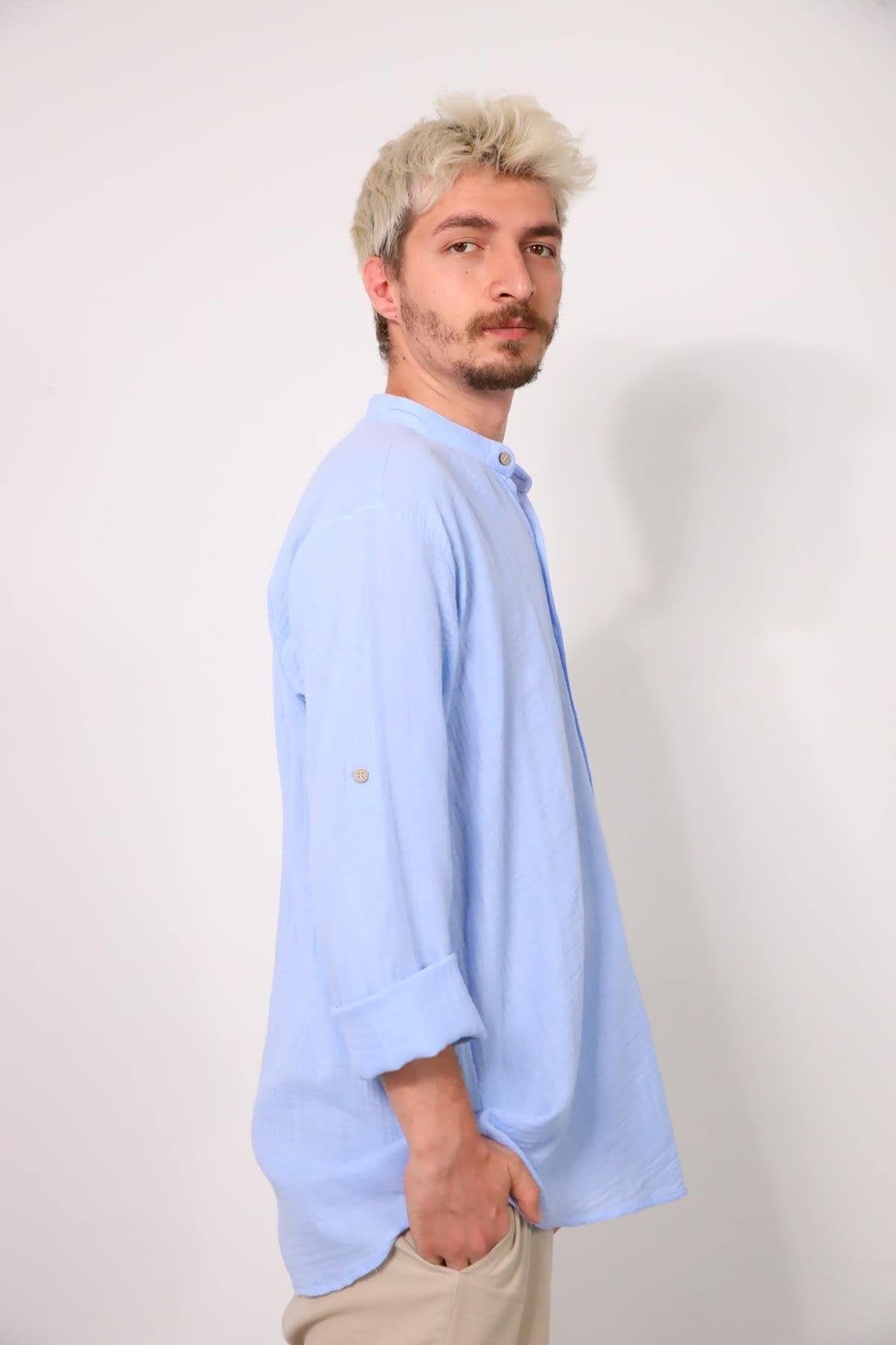 Blue Mandarin Collar Muslin Men's Shirt