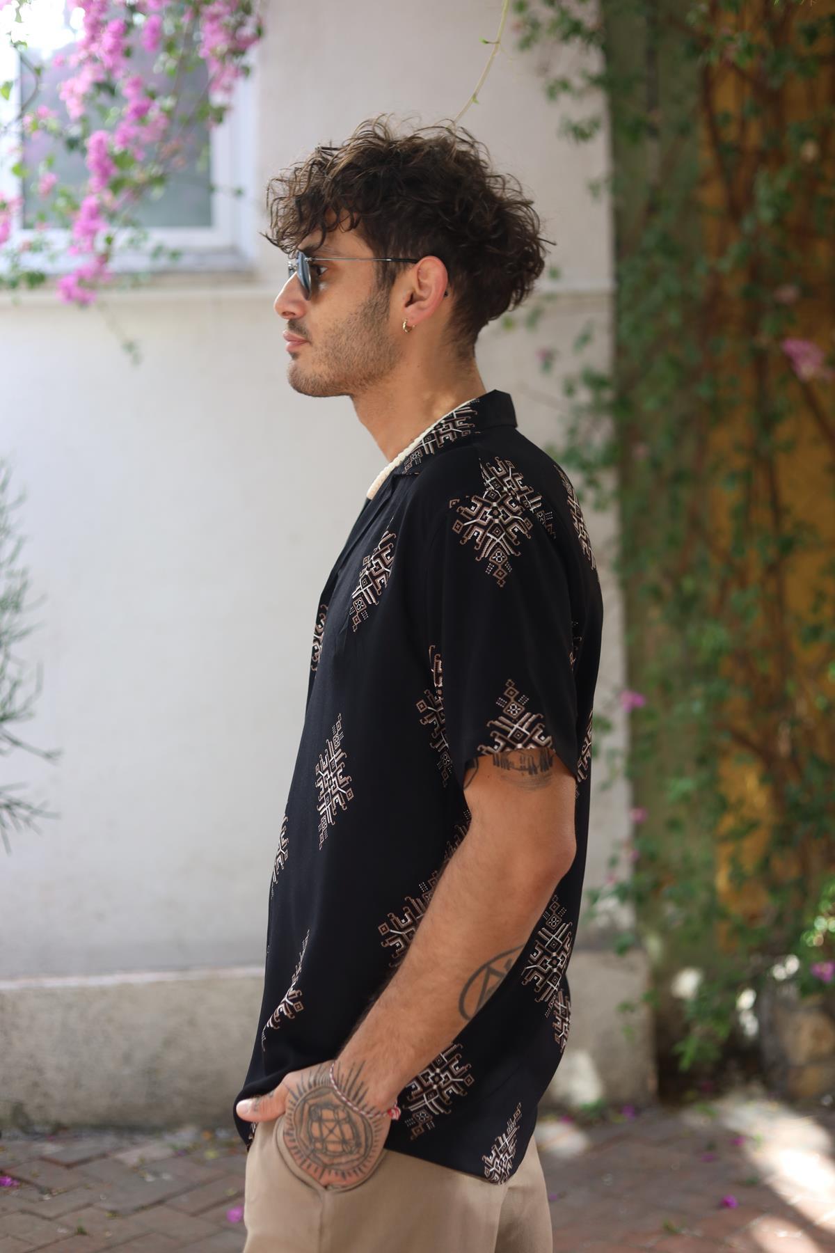 Black Patterned Short Sleeve Men's Shirt