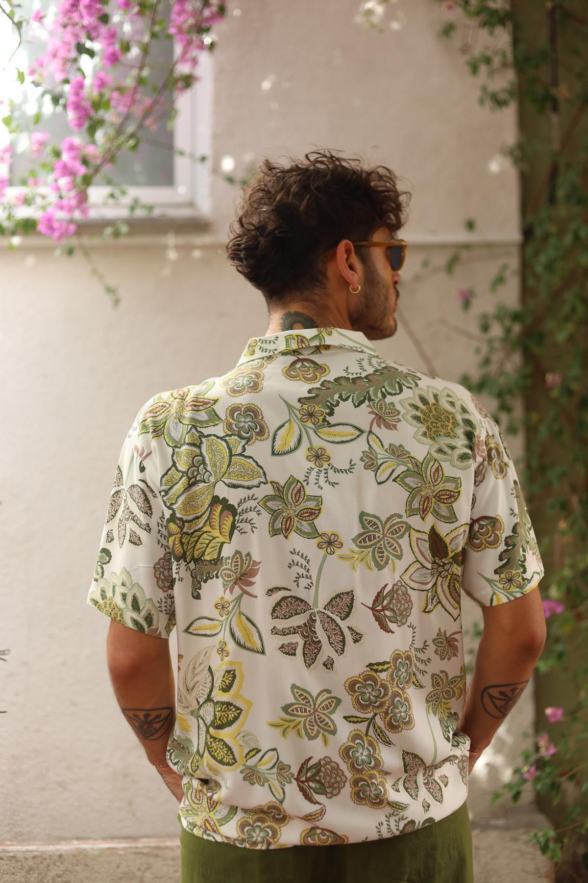 White Patterned Short Sleeve Men's Shirt