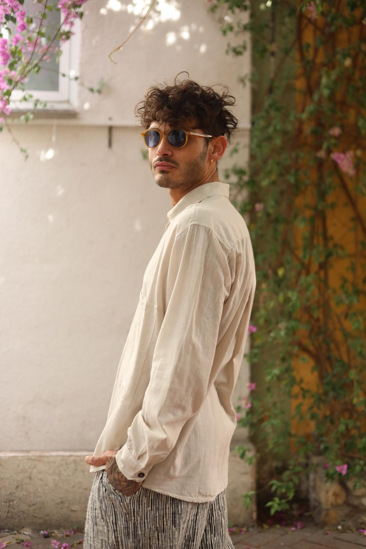 Beige Large Pocket Tasseled Patchwork Men's Shirt