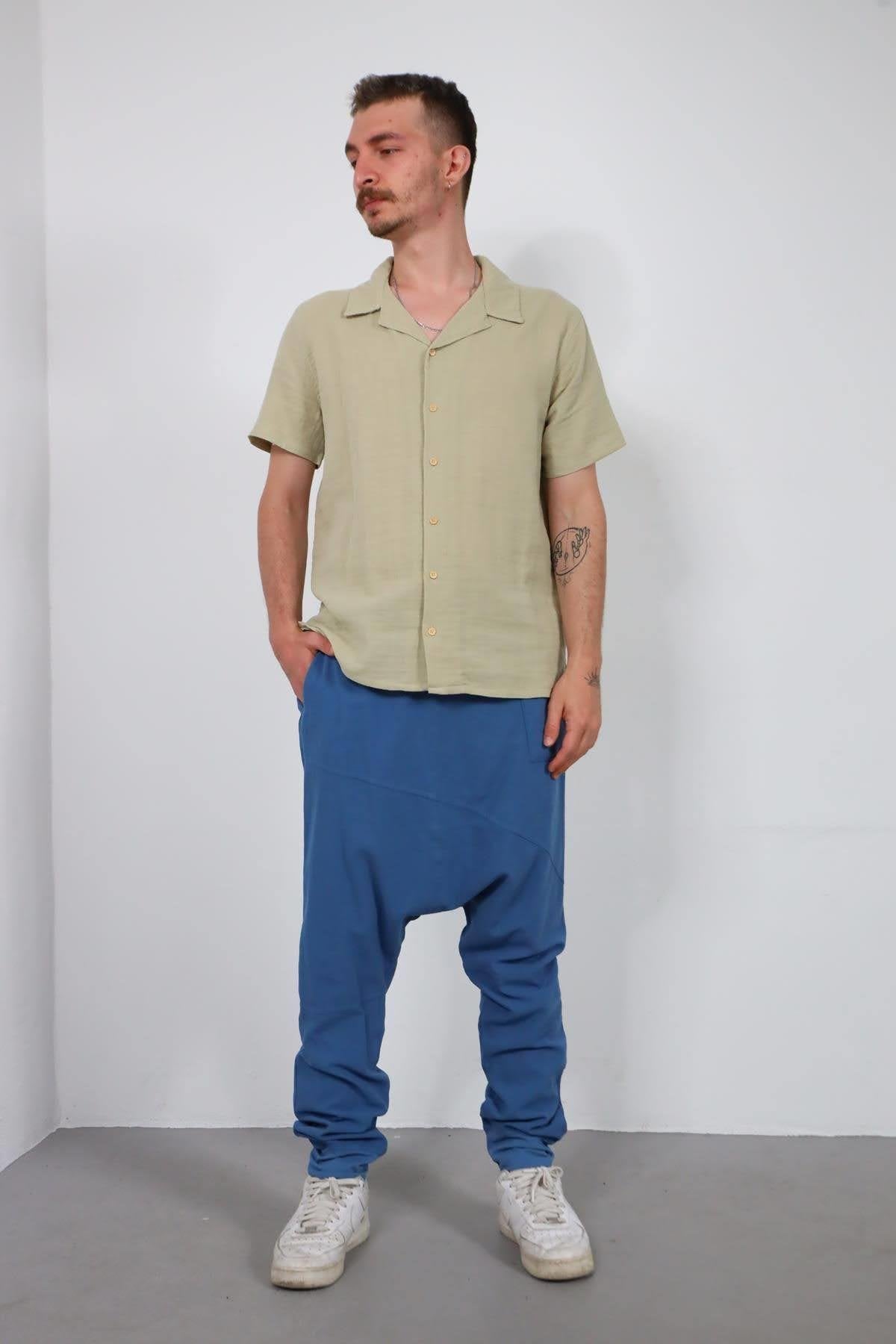 Light Khaki Back Tassel Short Sleeve Men's Shirt