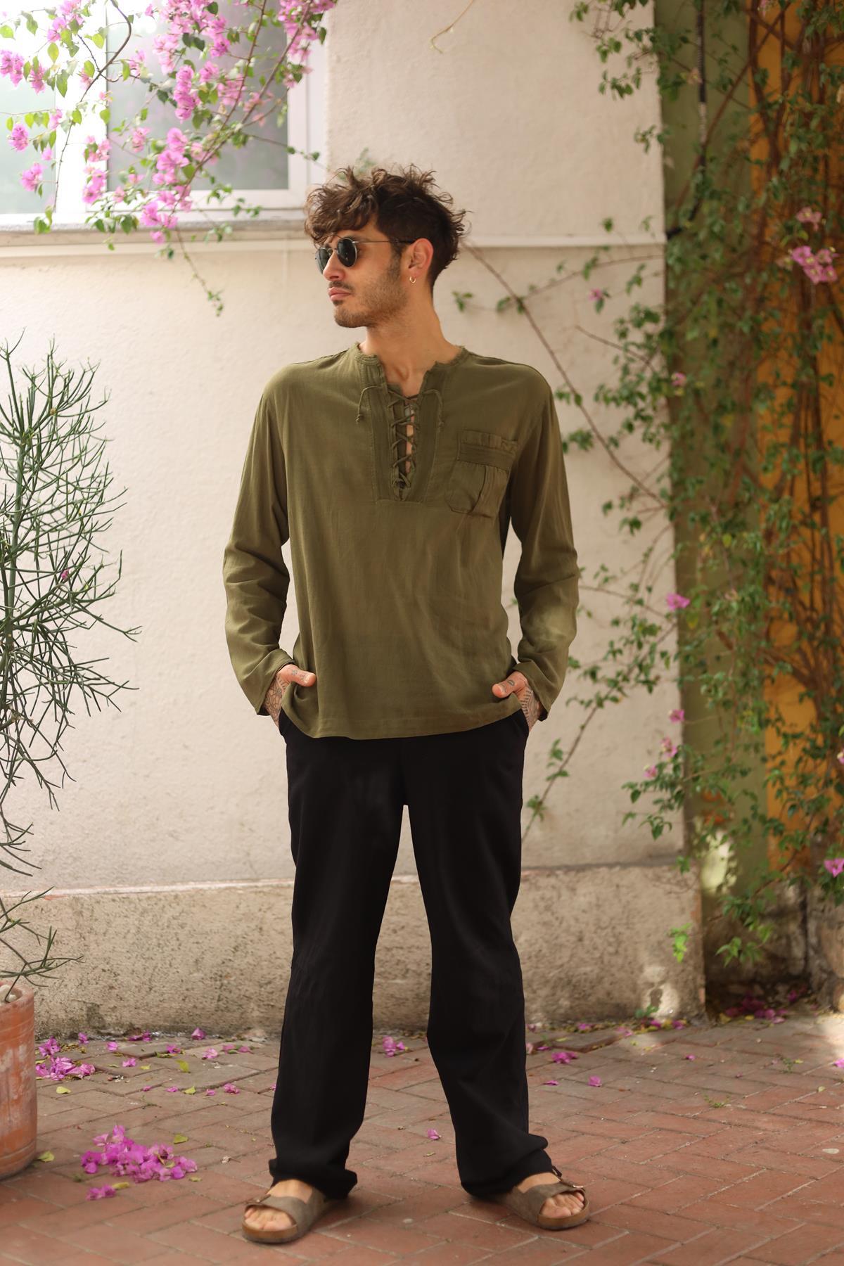 Khaki Lace-Up Bohemian Men's Shirt