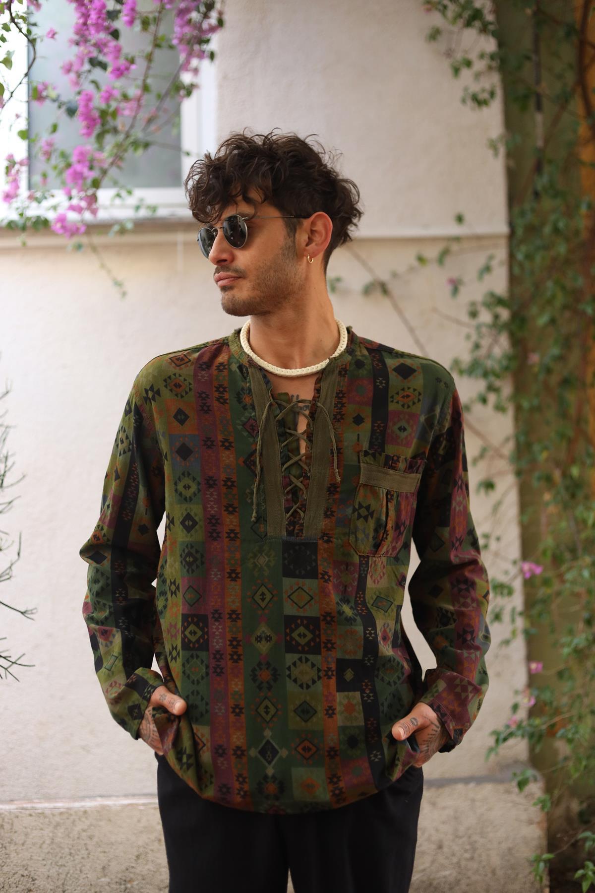 Khaki Printed Lace-Up Collar Men's Shirt